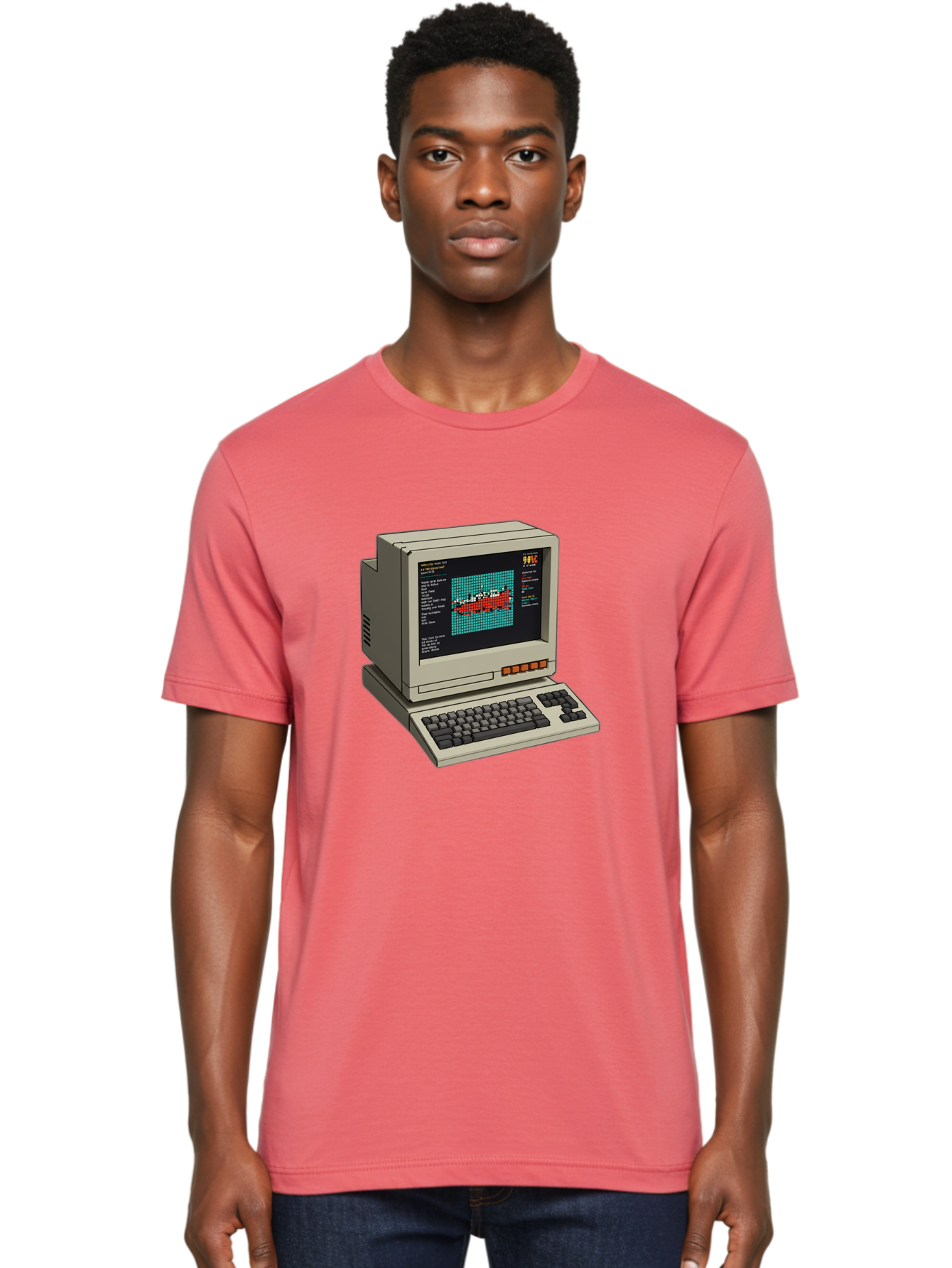 Elite-Game-On-Apple-Ii Men'S Graphic Tee, 100% Cotton, Comfortable Casual Summer Wear, Machine Washable, Retro Computer, Apple Ii, Vintage Technology, Pixel Art, Old School Gaming, 8-Bit Graphics, Red Boat, Turquoise Grid Baa645 4