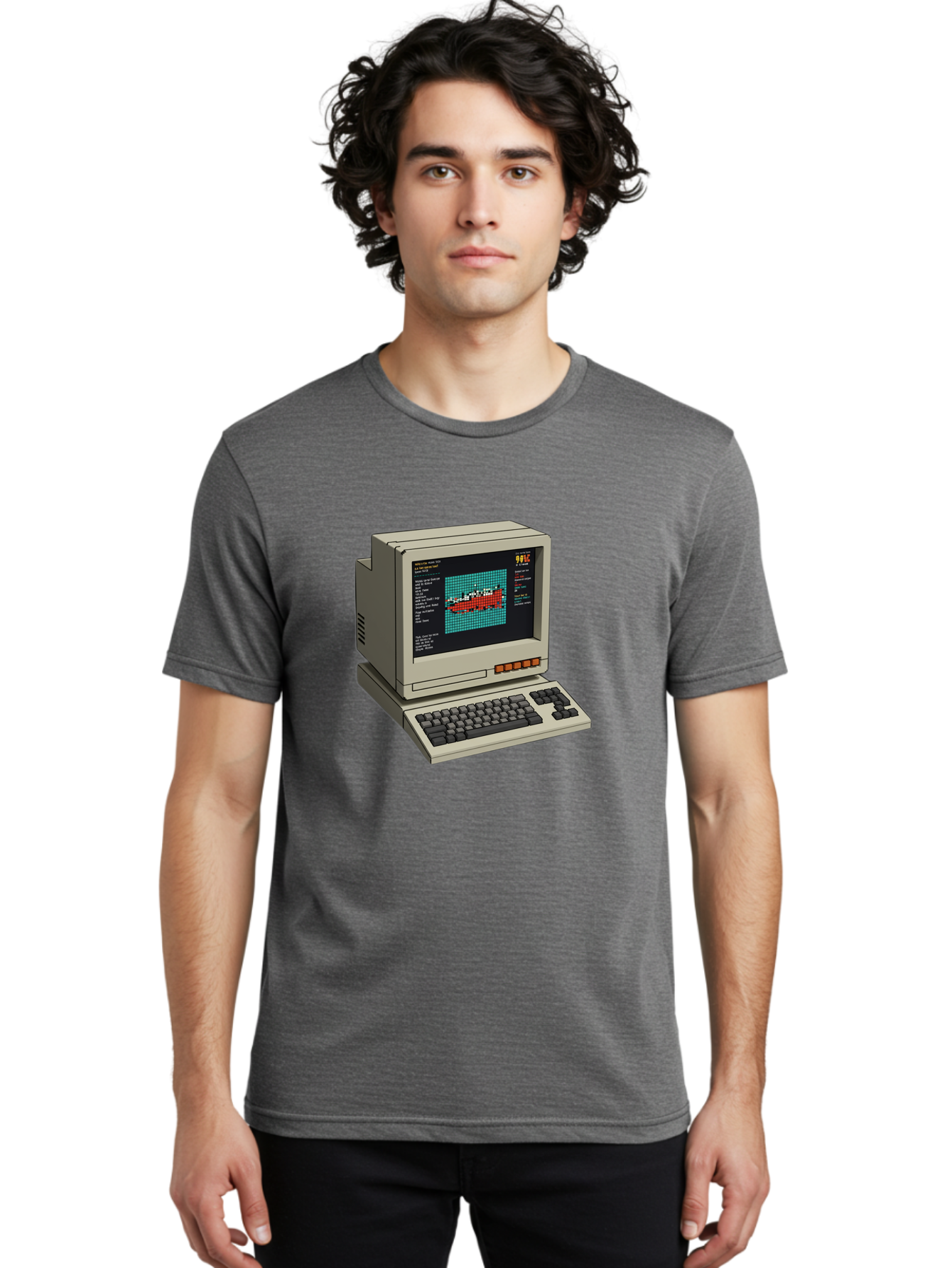 Elite-Game-On-Apple-Ii Men'S Graphic Tee, 100% Cotton, Comfortable Casual Summer Wear, Machine Washable, Retro Computer, Apple Ii, Vintage Technology, Pixel Art, Old School Gaming, 8-Bit Graphics, Red Boat, Turquoise Grid Baa645 2