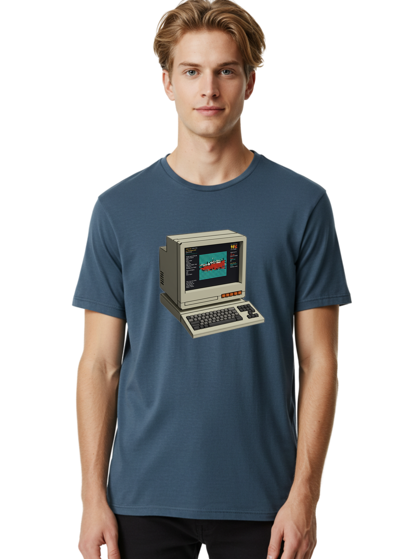 Elite-Game-On-Apple-Ii Men'S Graphic Tee, 100% Cotton, Comfortable Casual Summer Wear, Machine Washable, Retro Computer, Apple Ii, Vintage Technology, Pixel Art, Old School Gaming, 8-Bit Graphics, Red Boat, Turquoise Grid Baa645 18