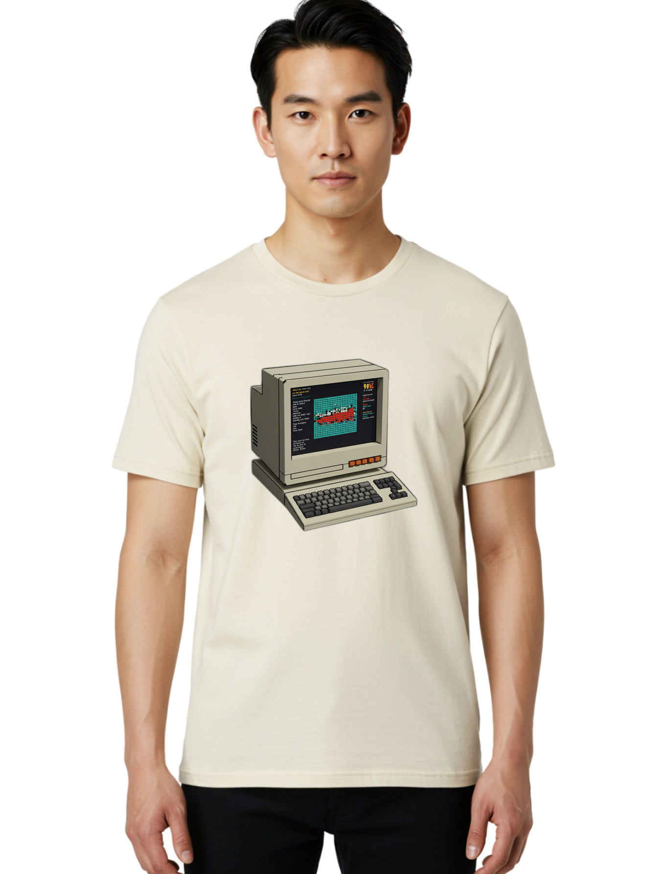 Elite-Game-On-Apple-Ii Men'S Graphic Tee, 100% Cotton, Comfortable Casual Summer Wear, Machine Washable, Retro Computer, Apple Ii, Vintage Technology, Pixel Art, Old School Gaming, 8-Bit Graphics, Red Boat, Turquoise Grid Baa645 6