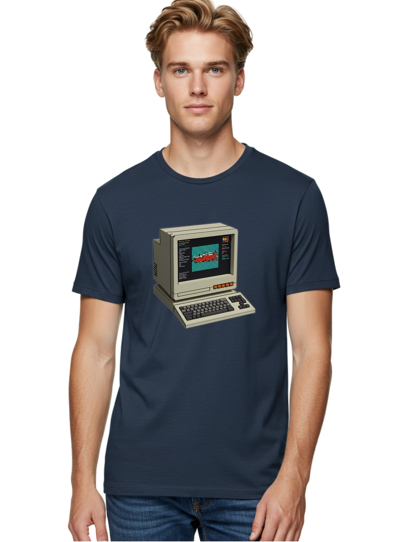 Elite-Game-On-Apple-Ii Men'S Graphic Tee, 100% Cotton, Comfortable Casual Summer Wear, Machine Washable, Retro Computer, Apple Ii, Vintage Technology, Pixel Art, Old School Gaming, 8-Bit Graphics, Red Boat, Turquoise Grid Baa645 8