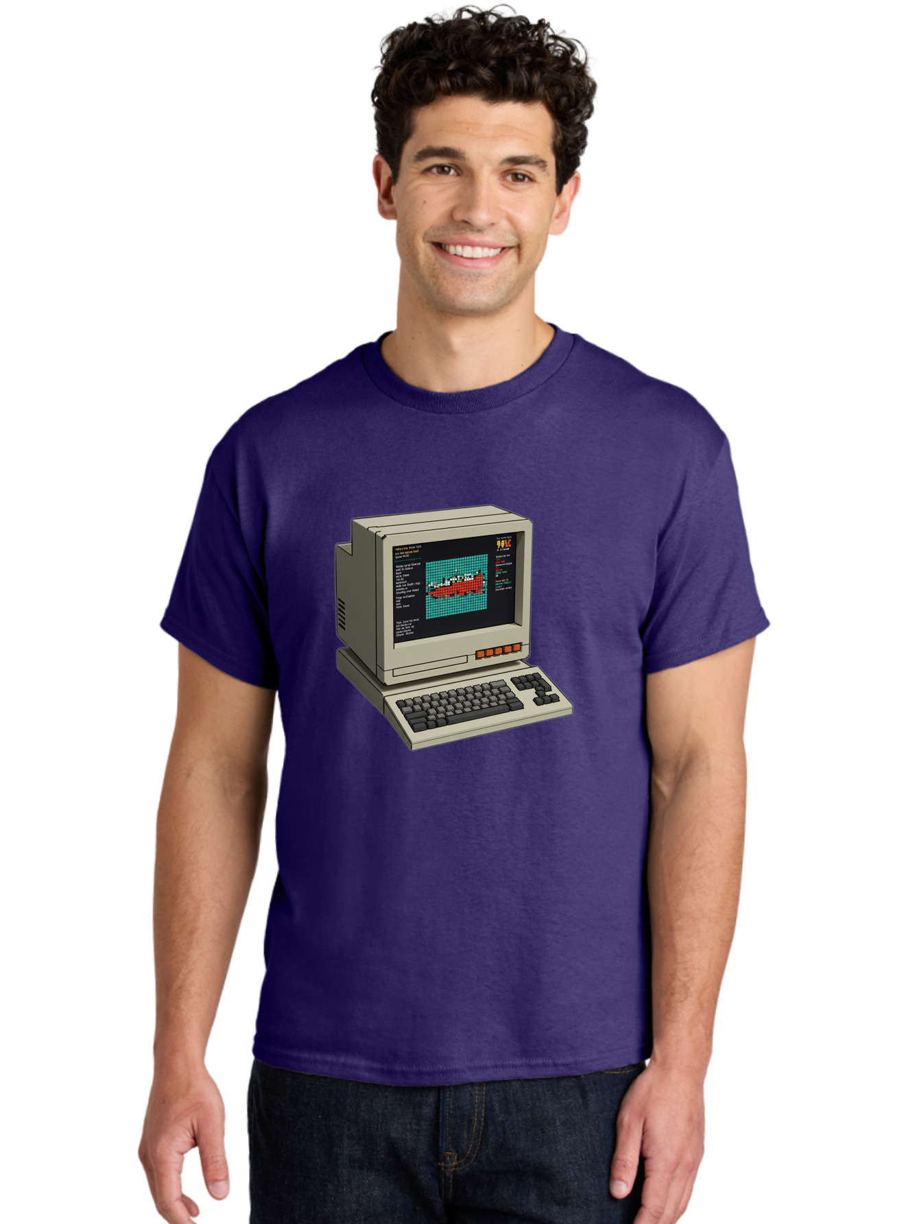 Elite-Game-On-Apple-Ii Men'S Graphic Tee, 100% Cotton, Comfortable Casual Summer Wear, Machine Washable, Retro Computer, Apple Ii, Vintage Technology, Pixel Art, Old School Gaming, 8-Bit Graphics, Red Boat, Turquoise Grid Baa645 12