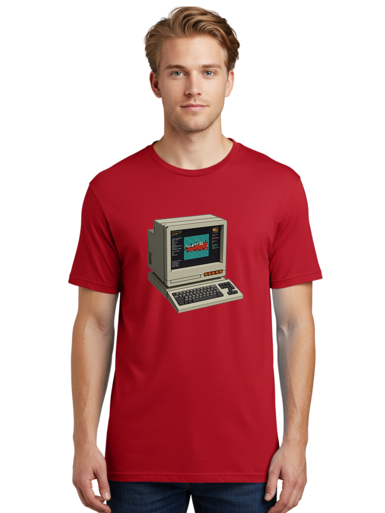 Elite-Game-On-Apple-Ii Men'S Graphic Tee, 100% Cotton, Comfortable Casual Summer Wear, Machine Washable, Retro Computer, Apple Ii, Vintage Technology, Pixel Art, Old School Gaming, 8-Bit Graphics, Red Boat, Turquoise Grid Baa645 28