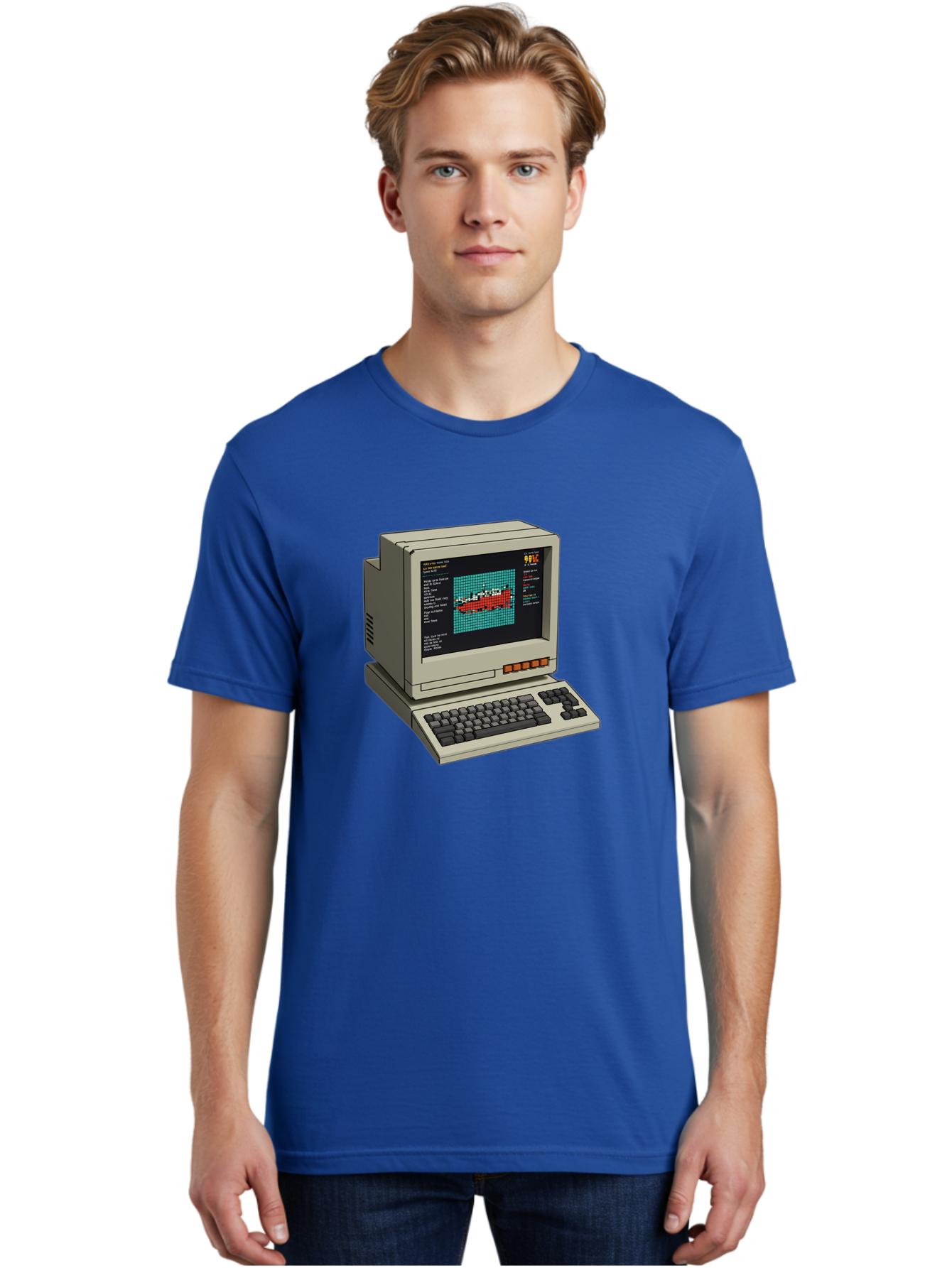 Elite-Game-On-Apple-Ii Men'S Graphic Tee, 100% Cotton, Comfortable Casual Summer Wear, Machine Washable, Retro Computer, Apple Ii, Vintage Technology, Pixel Art, Old School Gaming, 8-Bit Graphics, Red Boat, Turquoise Grid Baa645 30