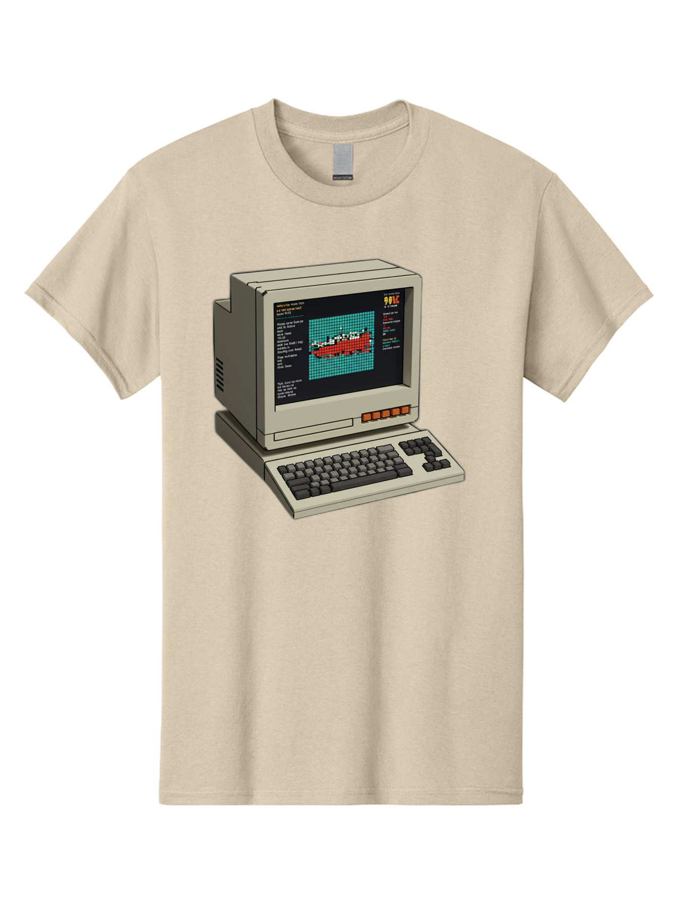 Elite-Game-On-Apple-Ii Men'S Graphic Tee, 100% Cotton, Comfortable Casual Summer Wear, Machine Washable, Retro Computer, Apple Ii, Vintage Technology, Pixel Art, Old School Gaming, 8-Bit Graphics, Red Boat, Turquoise Grid Baa645 19