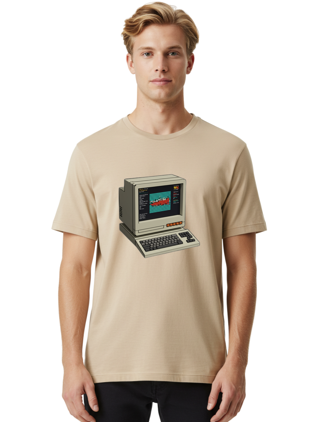 Elite-Game-On-Apple-Ii Men'S Graphic Tee, 100% Cotton, Comfortable Casual Summer Wear, Machine Washable, Retro Computer, Apple Ii, Vintage Technology, Pixel Art, Old School Gaming, 8-Bit Graphics, Red Boat, Turquoise Grid Baa645 20