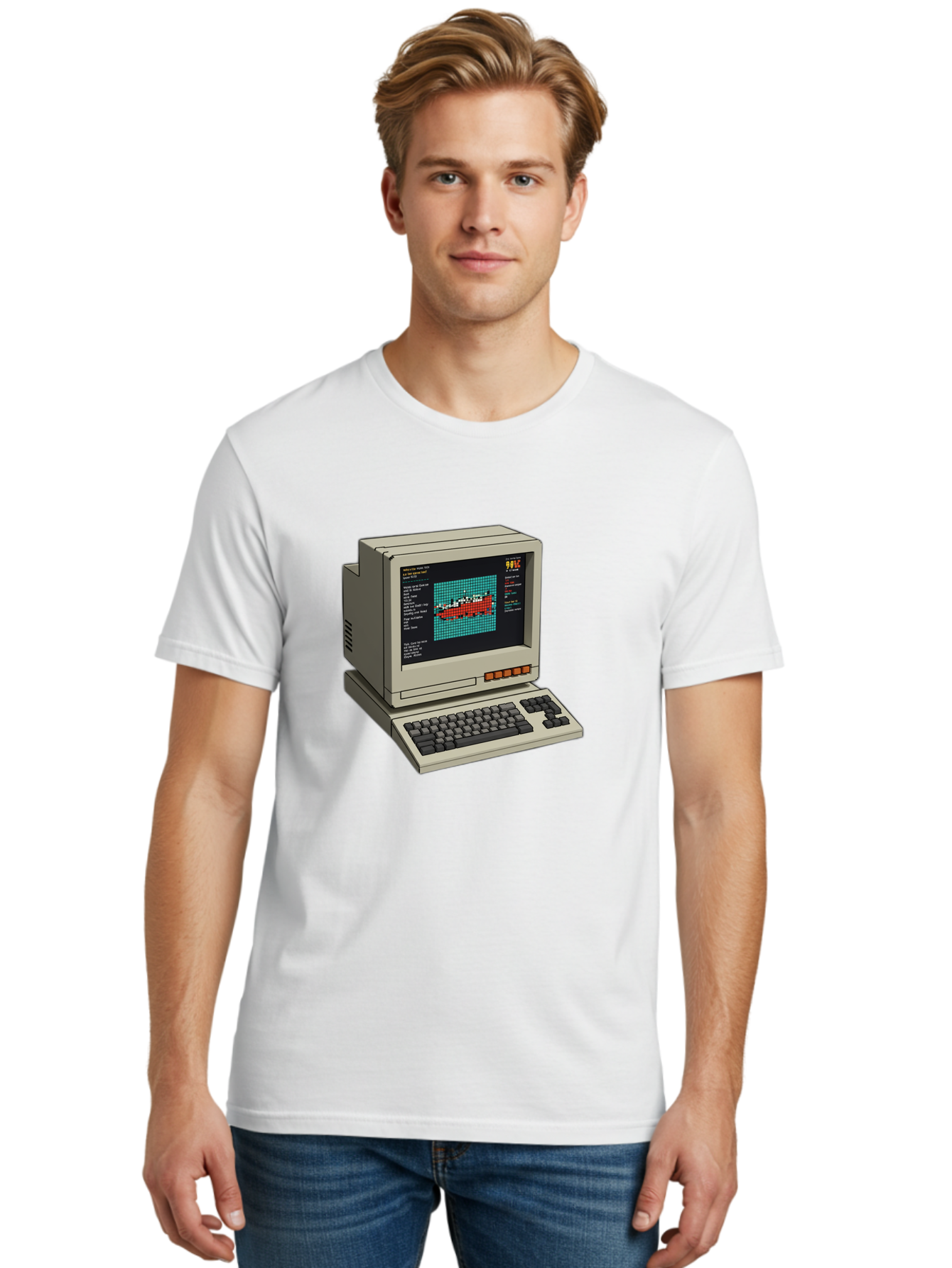 Elite-Game-On-Apple-Ii Men'S Graphic Tee, 100% Cotton, Comfortable Casual Summer Wear, Machine Washable, Retro Computer, Apple Ii, Vintage Technology, Pixel Art, Old School Gaming, 8-Bit Graphics, Red Boat, Turquoise Grid Baa645 14
