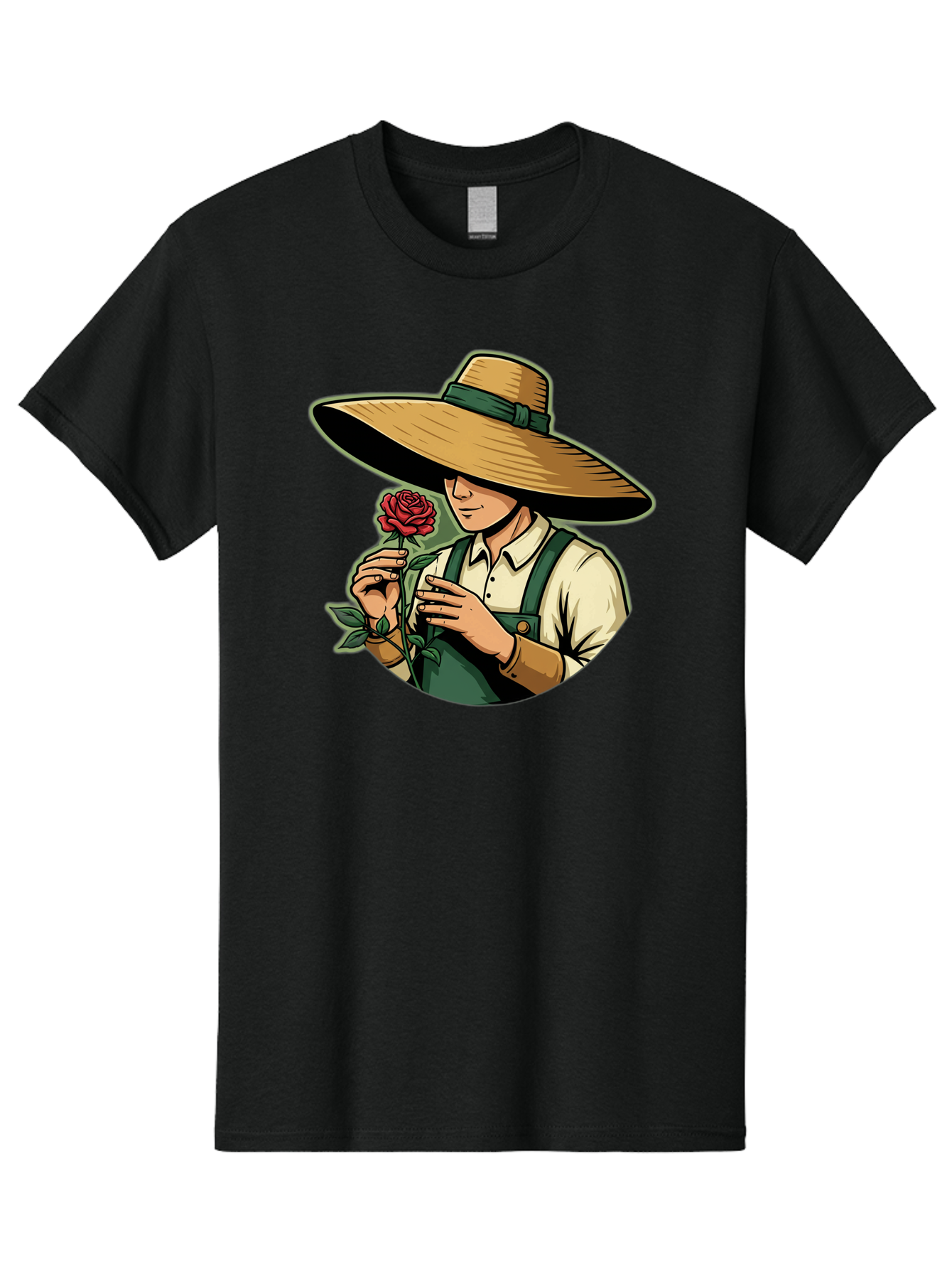 Farmer-With-Rose Men'S Graphic Tee, 100% Cotton, Comfortable Casual Summer Wear, Machine Washable, Gardener Holding Rose, Farmer With Flower, Straw Hat, Green Overall, Red Rose, Gardening, Nature Lover, Rustic Charm, Countryside Style Baa663 5