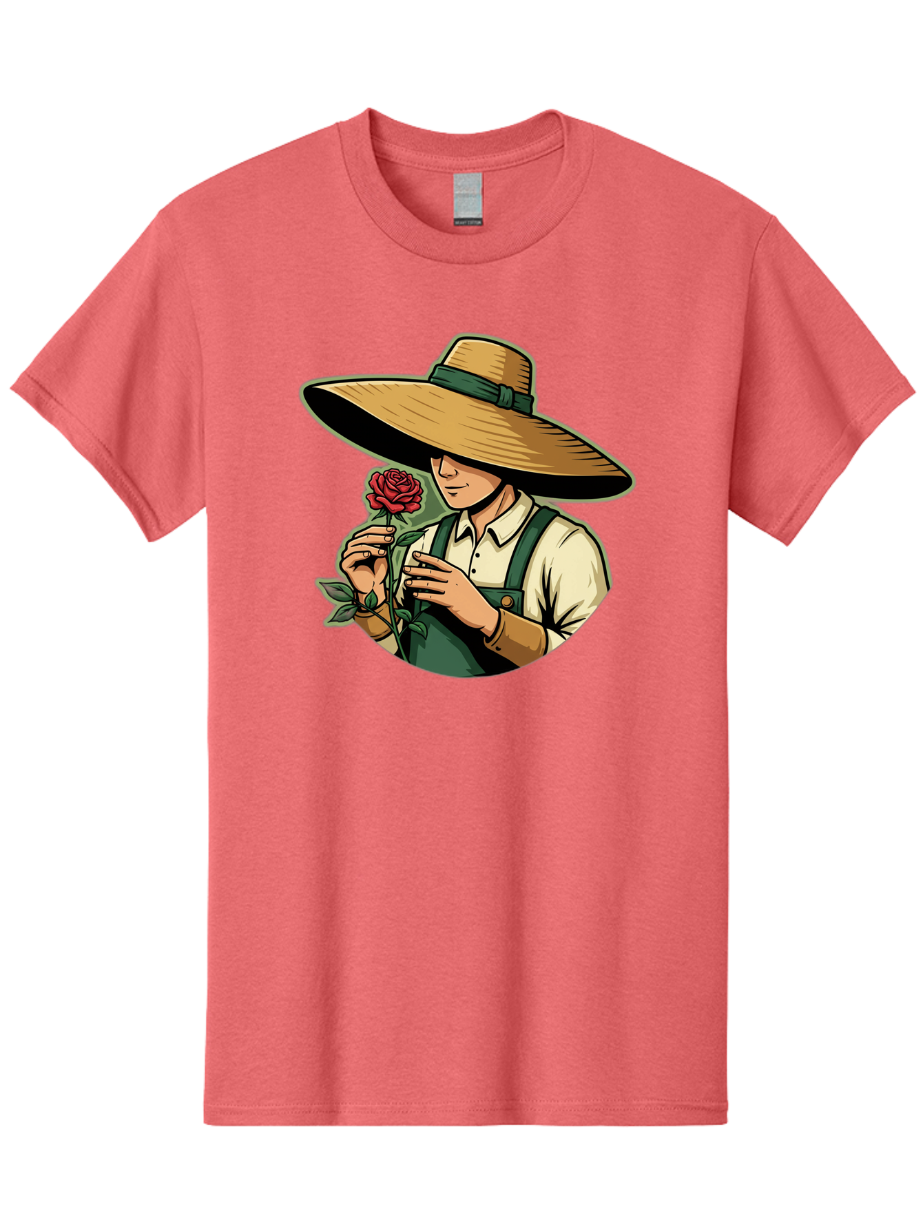 Farmer-With-Rose Men'S Graphic Tee, 100% Cotton, Comfortable Casual Summer Wear, Machine Washable, Gardener Holding Rose, Farmer With Flower, Straw Hat, Green Overall, Red Rose, Gardening, Nature Lover, Rustic Charm, Countryside Style Baa663 13