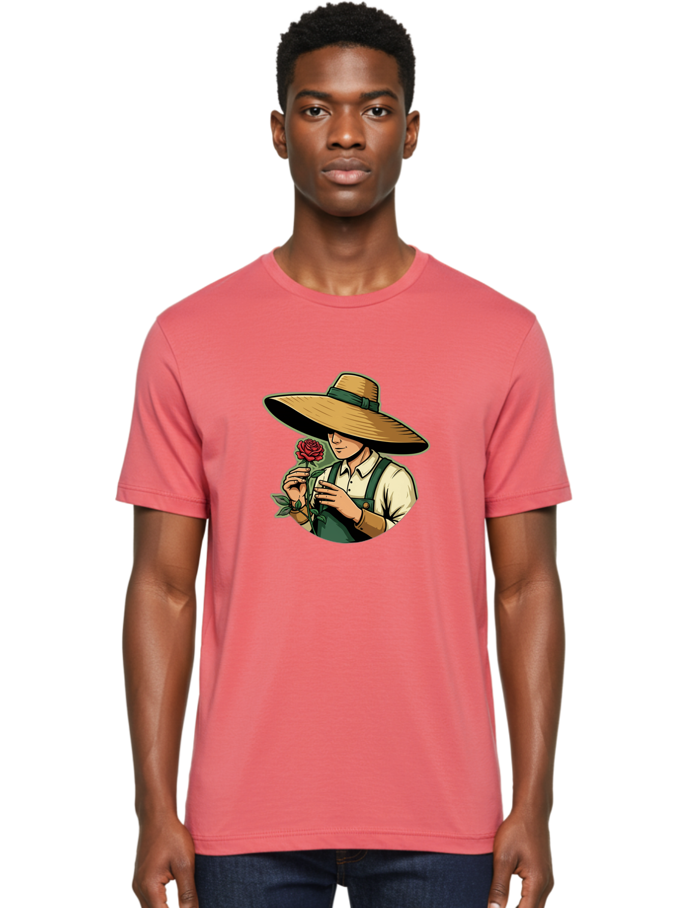 Farmer-With-Rose Men'S Graphic Tee, 100% Cotton, Comfortable Casual Summer Wear, Machine Washable, Gardener Holding Rose, Farmer With Flower, Straw Hat, Green Overall, Red Rose, Gardening, Nature Lover, Rustic Charm, Countryside Style Baa663 14