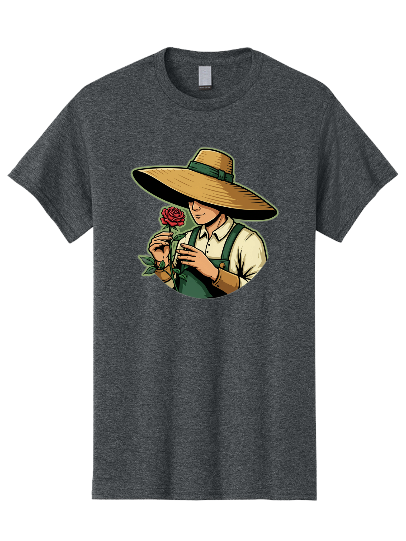 Farmer-With-Rose Men'S Graphic Tee, 100% Cotton, Comfortable Casual Summer Wear, Machine Washable, Gardener Holding Rose, Farmer With Flower, Straw Hat, Green Overall, Red Rose, Gardening, Nature Lover, Rustic Charm, Countryside Style Baa663 19