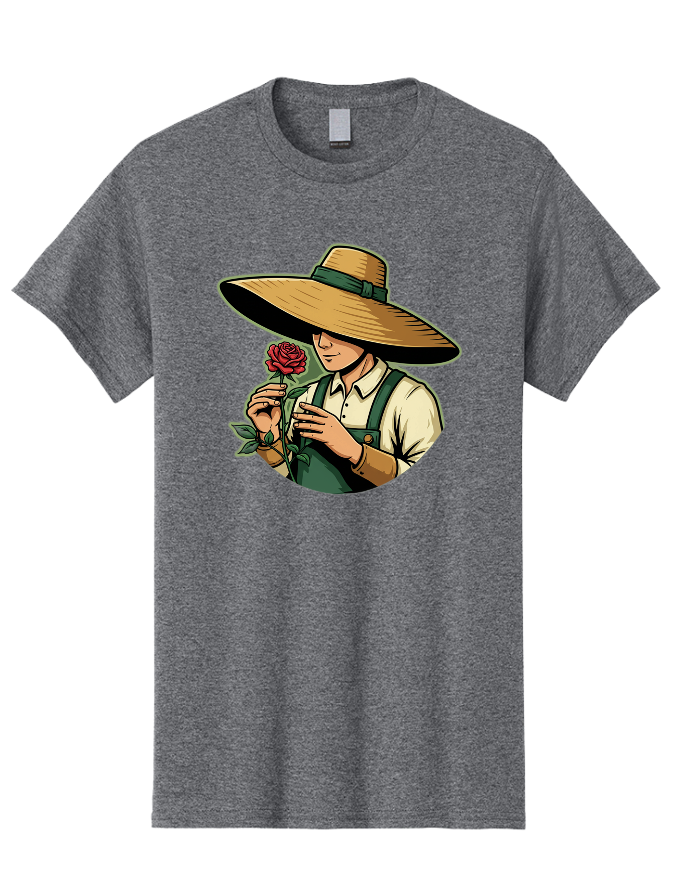 Farmer-With-Rose Men'S Graphic Tee, 100% Cotton, Comfortable Casual Summer Wear, Machine Washable, Gardener Holding Rose, Farmer With Flower, Straw Hat, Green Overall, Red Rose, Gardening, Nature Lover, Rustic Charm, Countryside Style Baa663 11