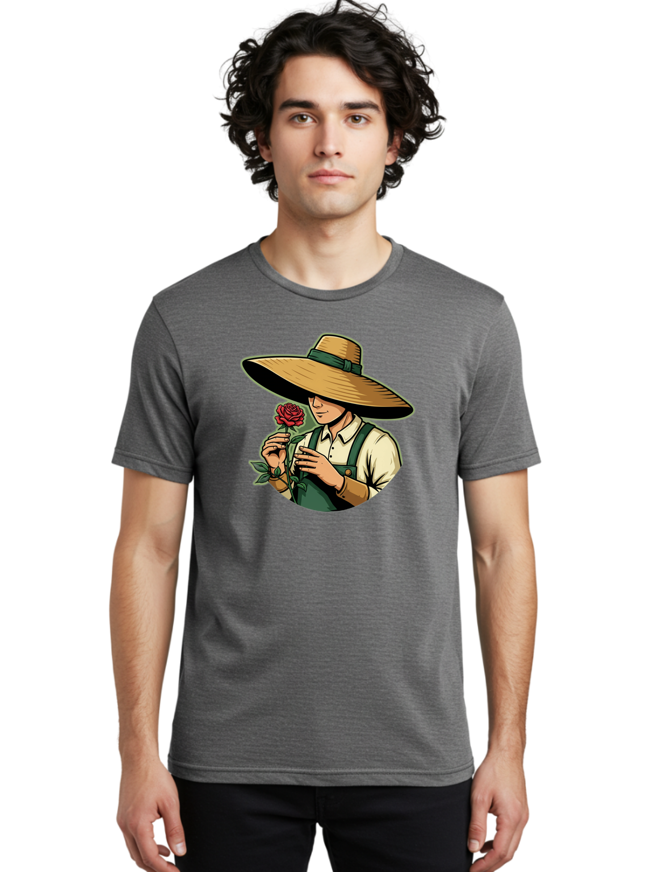 Farmer-With-Rose Men'S Graphic Tee, 100% Cotton, Comfortable Casual Summer Wear, Machine Washable, Gardener Holding Rose, Farmer With Flower, Straw Hat, Green Overall, Red Rose, Gardening, Nature Lover, Rustic Charm, Countryside Style Baa663 12