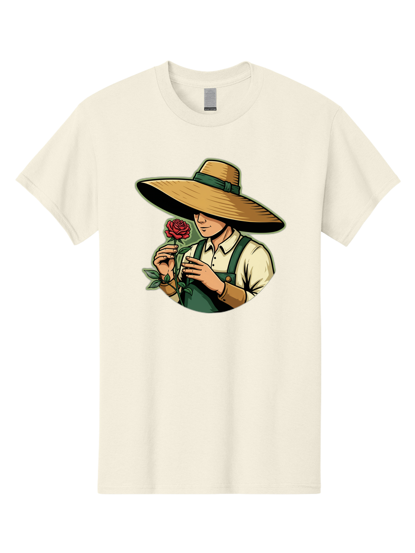 Farmer-With-Rose Men'S Graphic Tee, 100% Cotton, Comfortable Casual Summer Wear, Machine Washable, Gardener Holding Rose, Farmer With Flower, Straw Hat, Green Overall, Red Rose, Gardening, Nature Lover, Rustic Charm, Countryside Style Baa663 29