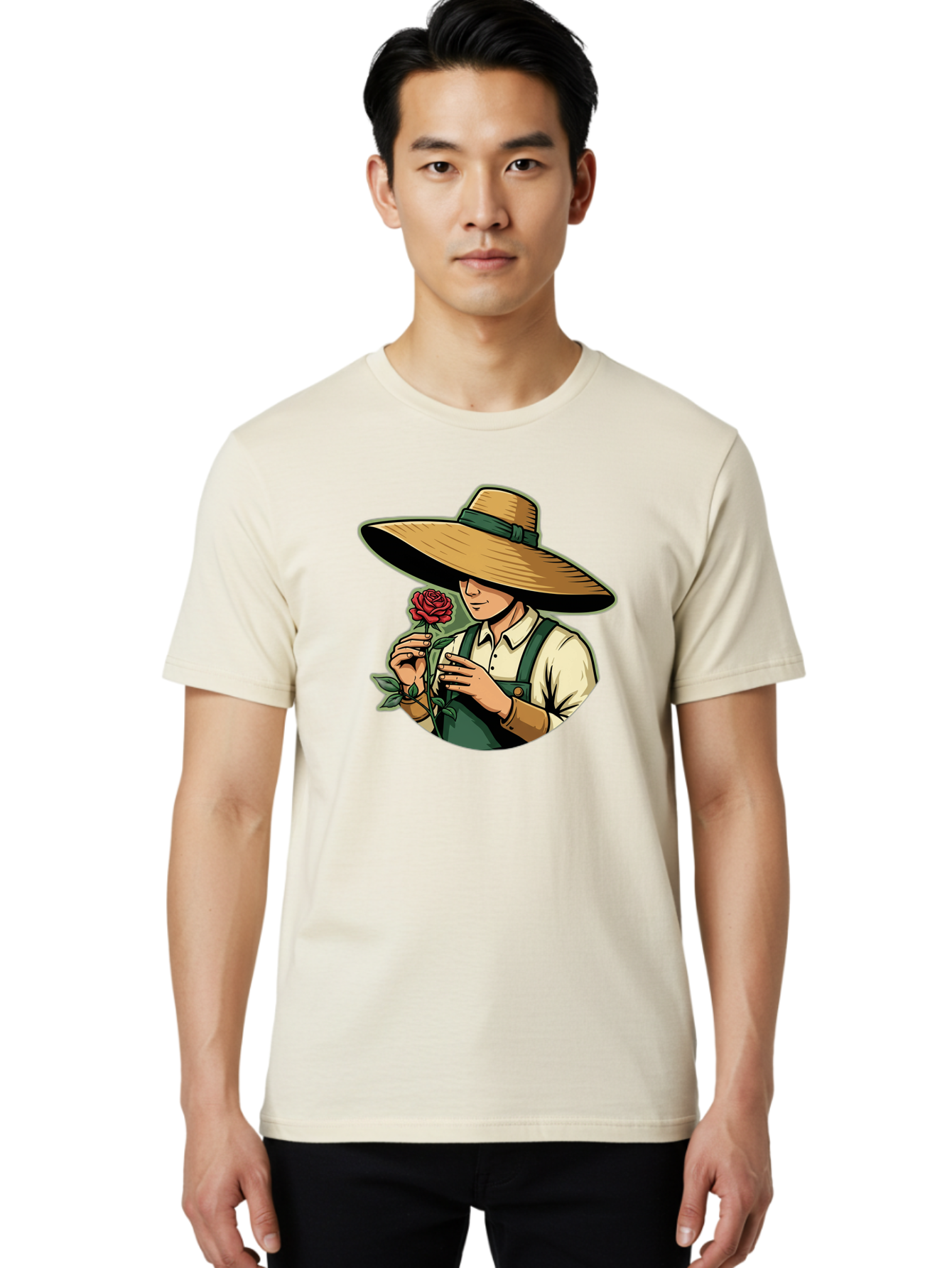 Farmer-With-Rose Men'S Graphic Tee, 100% Cotton, Comfortable Casual Summer Wear, Machine Washable, Gardener Holding Rose, Farmer With Flower, Straw Hat, Green Overall, Red Rose, Gardening, Nature Lover, Rustic Charm, Countryside Style Baa663 30