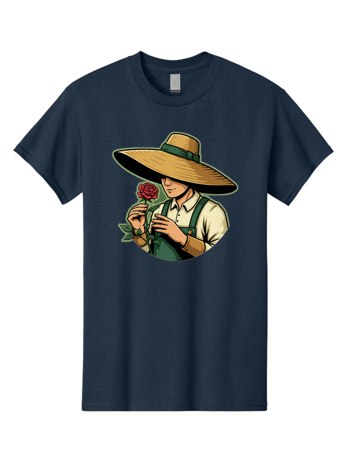 Farmer-With-Rose Men'S Graphic Tee, 100% Cotton, Comfortable Casual Summer Wear, Machine Washable, Gardener Holding Rose, Farmer With Flower, Straw Hat, Green Overall, Red Rose, Gardening, Nature Lover, Rustic Charm, Countryside Style Baa663 25