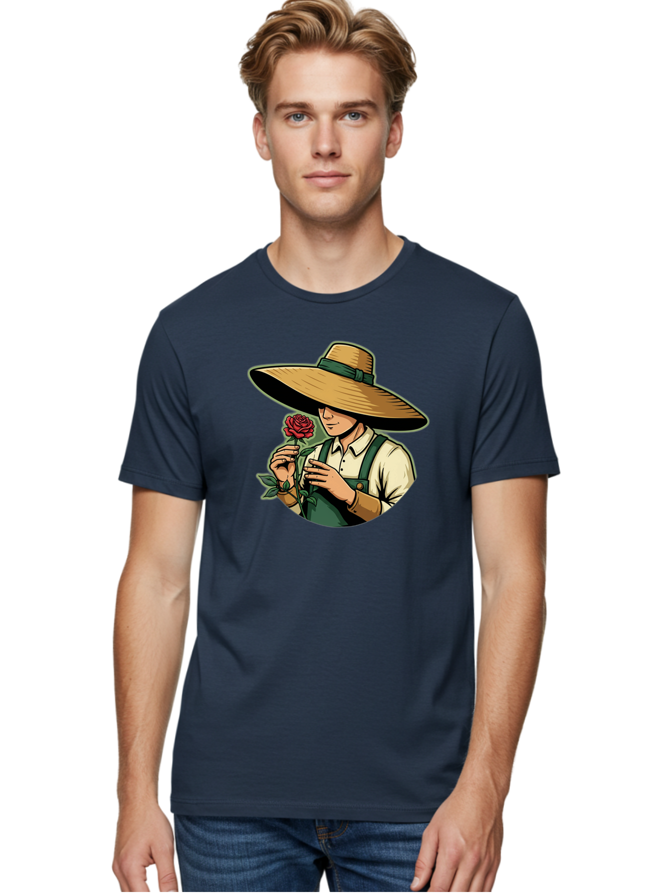 Farmer-With-Rose Men'S Graphic Tee, 100% Cotton, Comfortable Casual Summer Wear, Machine Washable, Gardener Holding Rose, Farmer With Flower, Straw Hat, Green Overall, Red Rose, Gardening, Nature Lover, Rustic Charm, Countryside Style Baa663 26