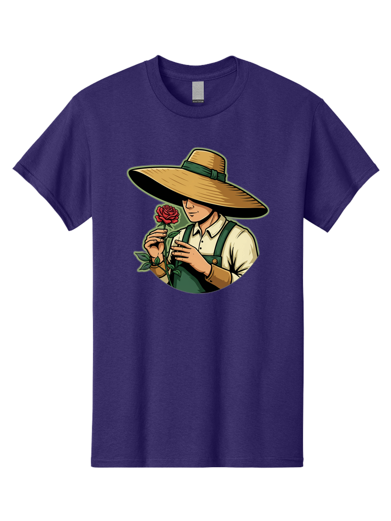 Farmer-With-Rose Men'S Graphic Tee, 100% Cotton, Comfortable Casual Summer Wear, Machine Washable, Gardener Holding Rose, Farmer With Flower, Straw Hat, Green Overall, Red Rose, Gardening, Nature Lover, Rustic Charm, Countryside Style Baa663 27
