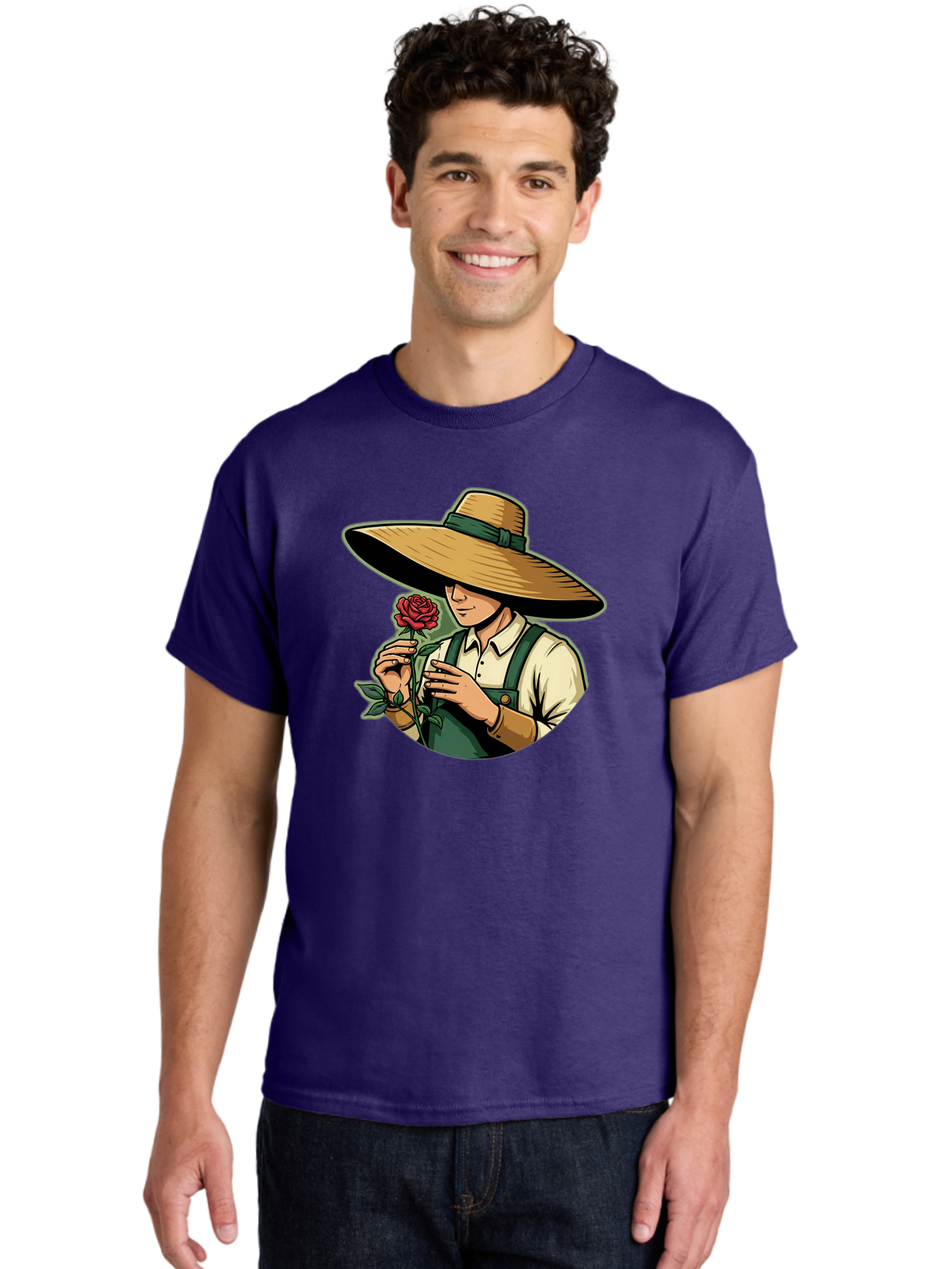 Farmer-With-Rose Men'S Graphic Tee, 100% Cotton, Comfortable Casual Summer Wear, Machine Washable, Gardener Holding Rose, Farmer With Flower, Straw Hat, Green Overall, Red Rose, Gardening, Nature Lover, Rustic Charm, Countryside Style Baa663 28