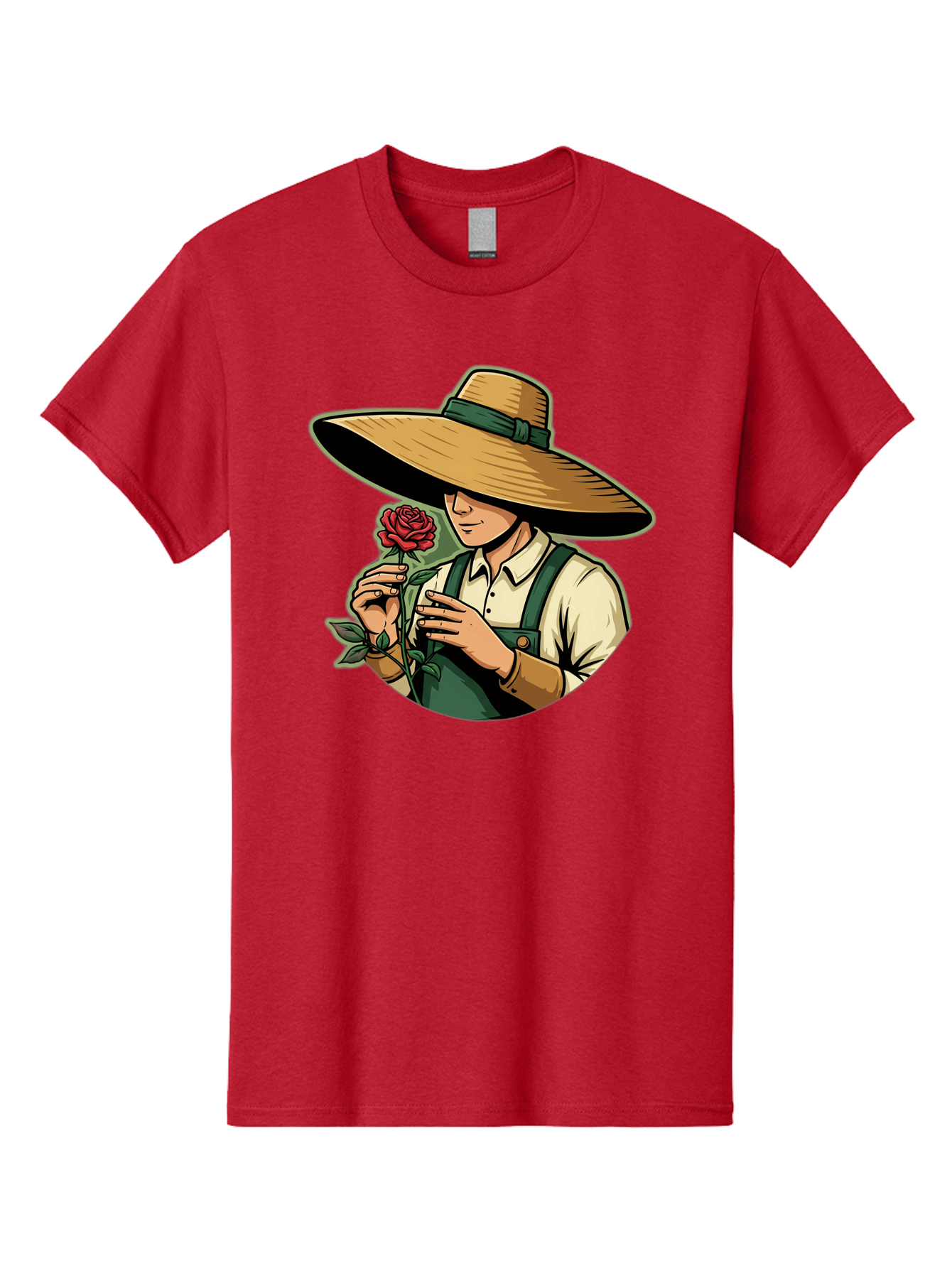 Farmer-With-Rose Men'S Graphic Tee, 100% Cotton, Comfortable Casual Summer Wear, Machine Washable, Gardener Holding Rose, Farmer With Flower, Straw Hat, Green Overall, Red Rose, Gardening, Nature Lover, Rustic Charm, Countryside Style Baa663 3