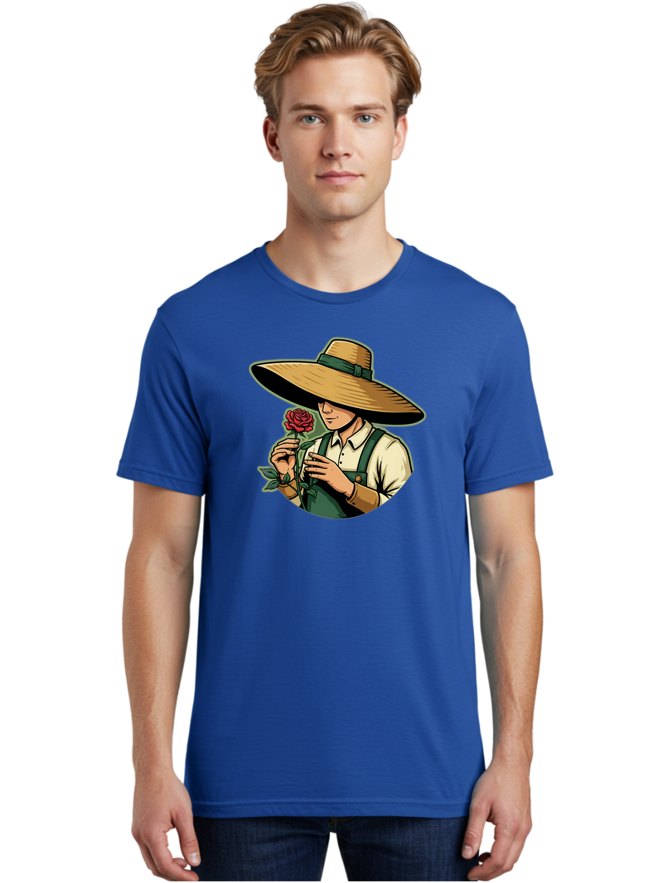Farmer-With-Rose Men'S Graphic Tee, 100% Cotton, Comfortable Casual Summer Wear, Machine Washable, Gardener Holding Rose, Farmer With Flower, Straw Hat, Green Overall, Red Rose, Gardening, Nature Lover, Rustic Charm, Countryside Style Baa663 22