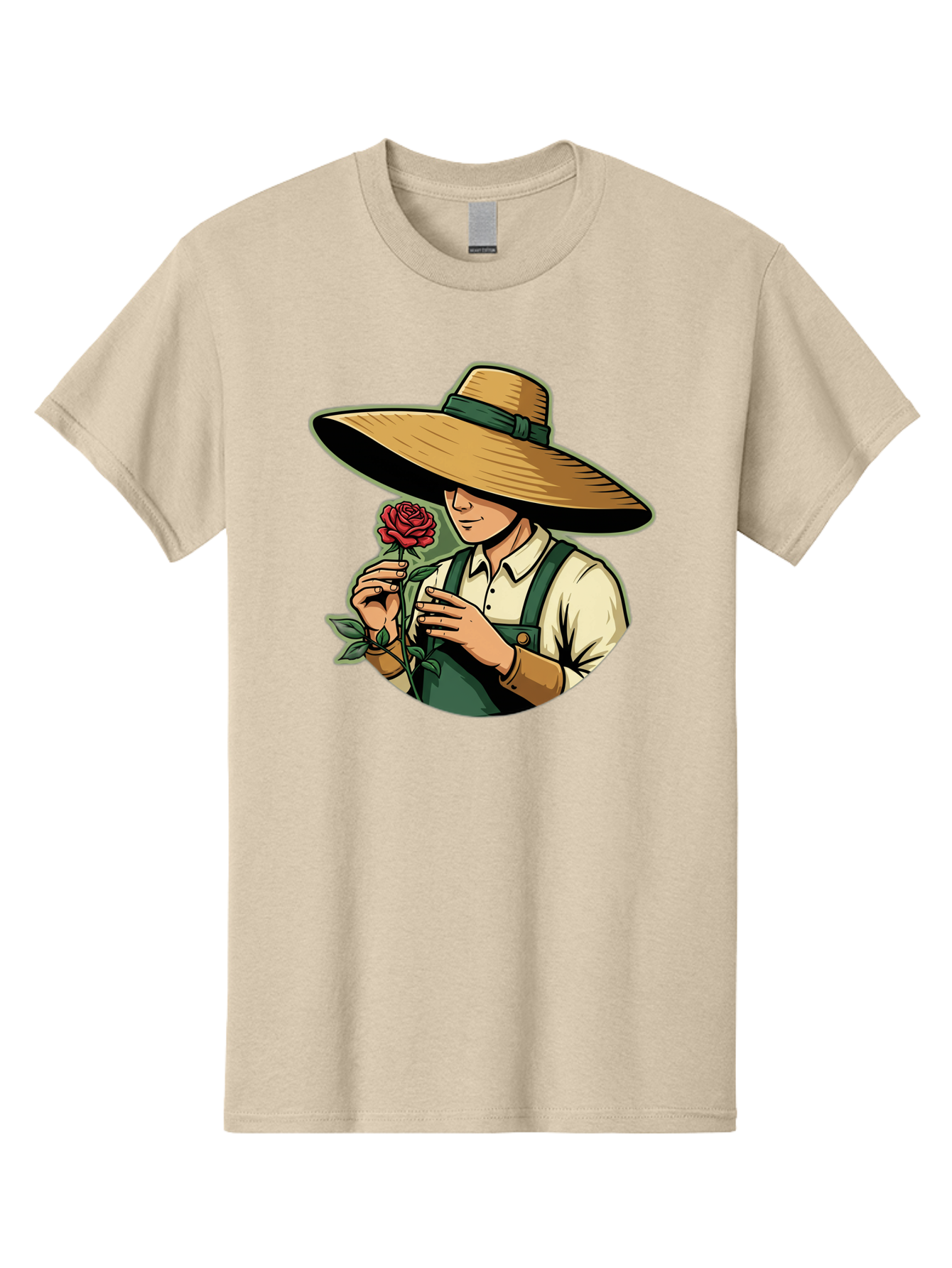 Farmer-With-Rose Men'S Graphic Tee, 100% Cotton, Comfortable Casual Summer Wear, Machine Washable, Gardener Holding Rose, Farmer With Flower, Straw Hat, Green Overall, Red Rose, Gardening, Nature Lover, Rustic Charm, Countryside Style Baa663 17