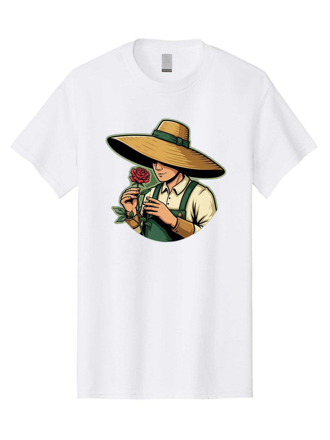 Farmer-With-Rose Men'S Graphic Tee, 100% Cotton, Comfortable Casual Summer Wear, Machine Washable, Gardener Holding Rose, Farmer With Flower, Straw Hat, Green Overall, Red Rose, Gardening, Nature Lover, Rustic Charm, Countryside Style Baa663 7
