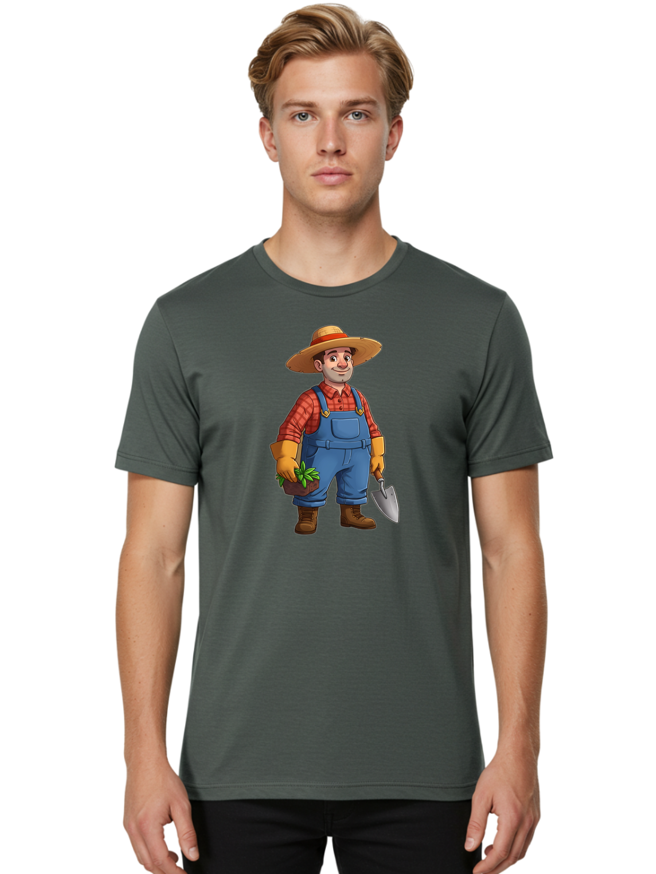 Farmer Men'S Graphic Tee, 100% Cotton, Comfortable Casual Summer Wear, Machine Washable, Gardener Holding Plant And Shovel, Gardening Tools, Outdoor Work, Farming Attire, Plaid Shirt, Overalls, Straw Hat, Agricultural Work, Gardening Gloves Baa666 28