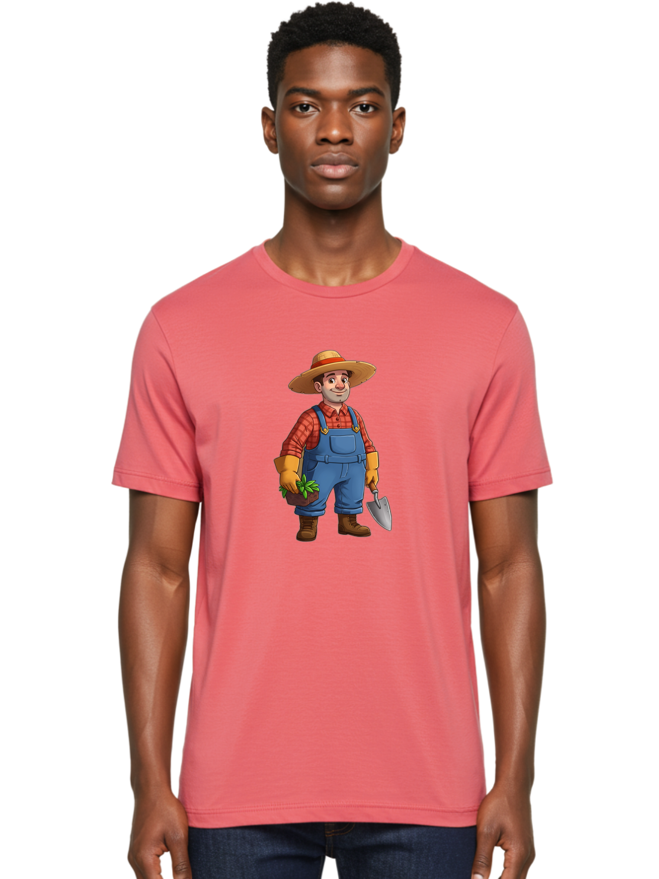 Farmer Men'S Graphic Tee, 100% Cotton, Comfortable Casual Summer Wear, Machine Washable, Gardener Holding Plant And Shovel, Gardening Tools, Outdoor Work, Farming Attire, Plaid Shirt, Overalls, Straw Hat, Agricultural Work, Gardening Gloves Baa666 4