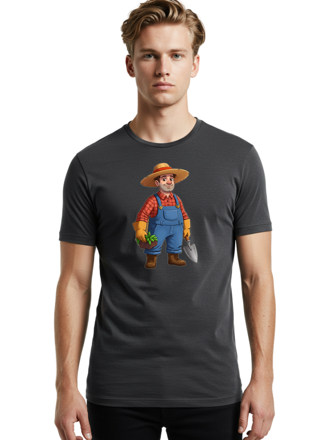 Farmer Men'S Graphic Tee, 100% Cotton, Comfortable Casual Summer Wear, Machine Washable, Gardener Holding Plant And Shovel, Gardening Tools, Outdoor Work, Farming Attire, Plaid Shirt, Overalls, Straw Hat, Agricultural Work, Gardening Gloves Baa666 24