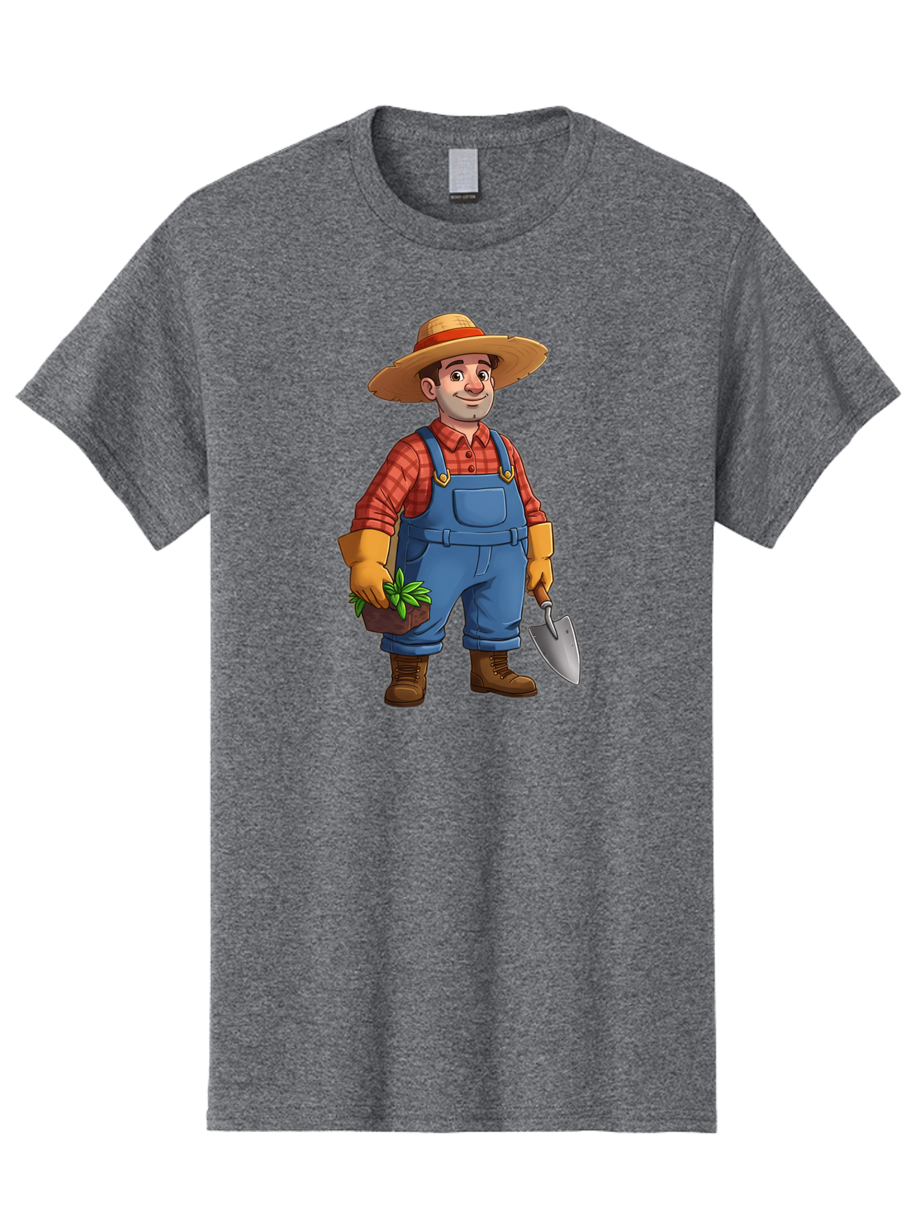 Farmer Men'S Graphic Tee, 100% Cotton, Comfortable Casual Summer Wear, Machine Washable, Gardener Holding Plant And Shovel, Gardening Tools, Outdoor Work, Farming Attire, Plaid Shirt, Overalls, Straw Hat, Agricultural Work, Gardening Gloves Baa666 15