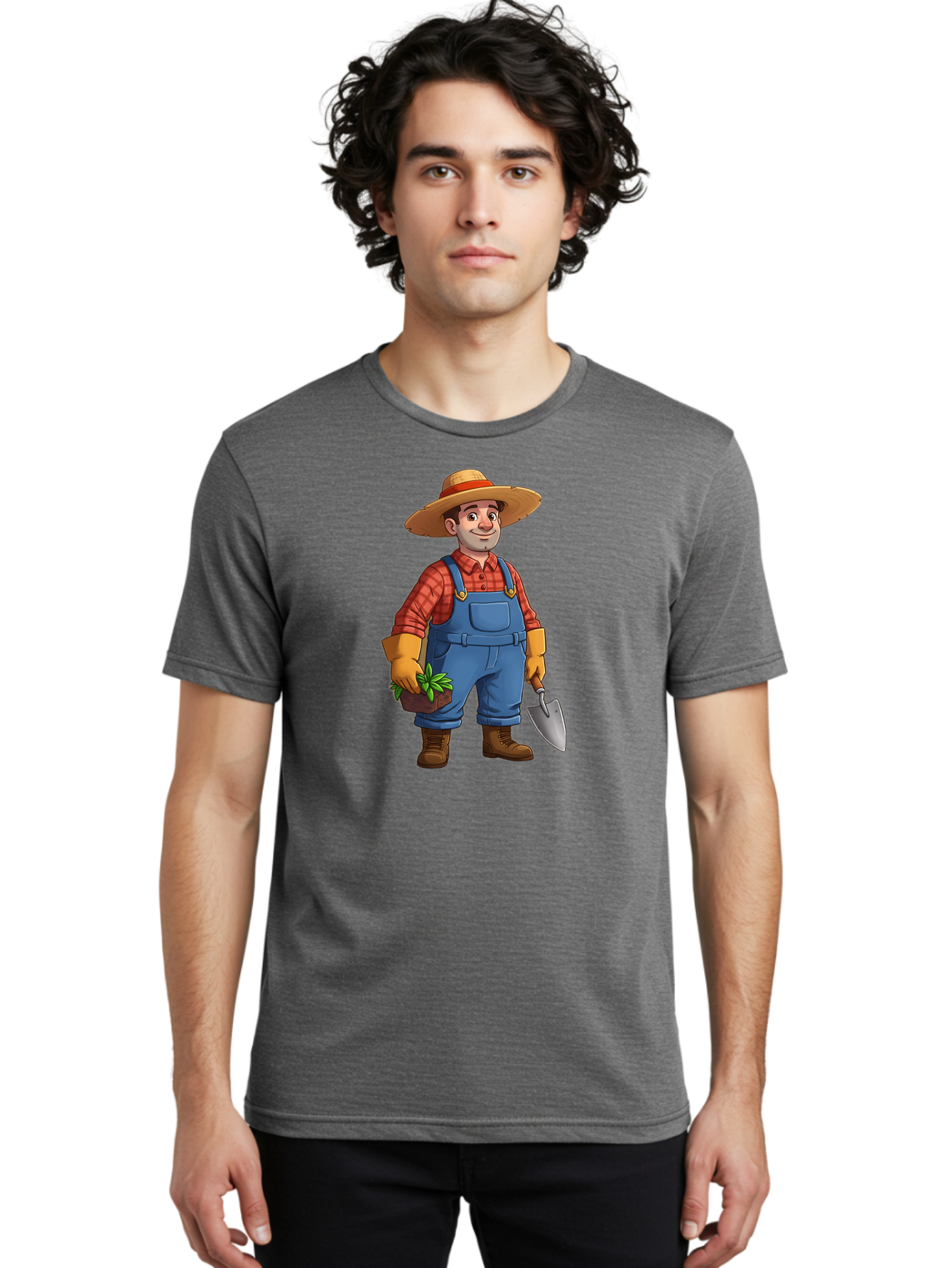 Farmer Men'S Graphic Tee, 100% Cotton, Comfortable Casual Summer Wear, Machine Washable, Gardener Holding Plant And Shovel, Gardening Tools, Outdoor Work, Farming Attire, Plaid Shirt, Overalls, Straw Hat, Agricultural Work, Gardening Gloves Baa666 16