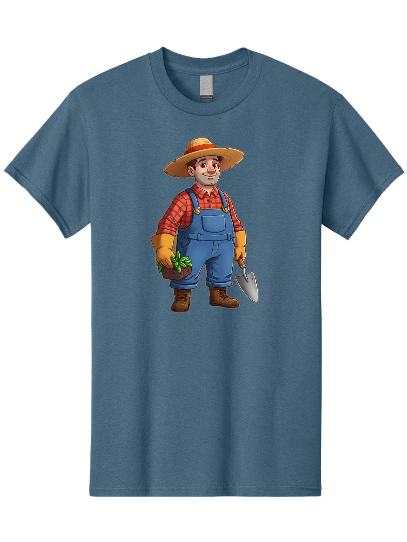 Farmer Men'S Graphic Tee, 100% Cotton, Comfortable Casual Summer Wear, Machine Washable, Gardener Holding Plant And Shovel, Gardening Tools, Outdoor Work, Farming Attire, Plaid Shirt, Overalls, Straw Hat, Agricultural Work, Gardening Gloves Baa666 11