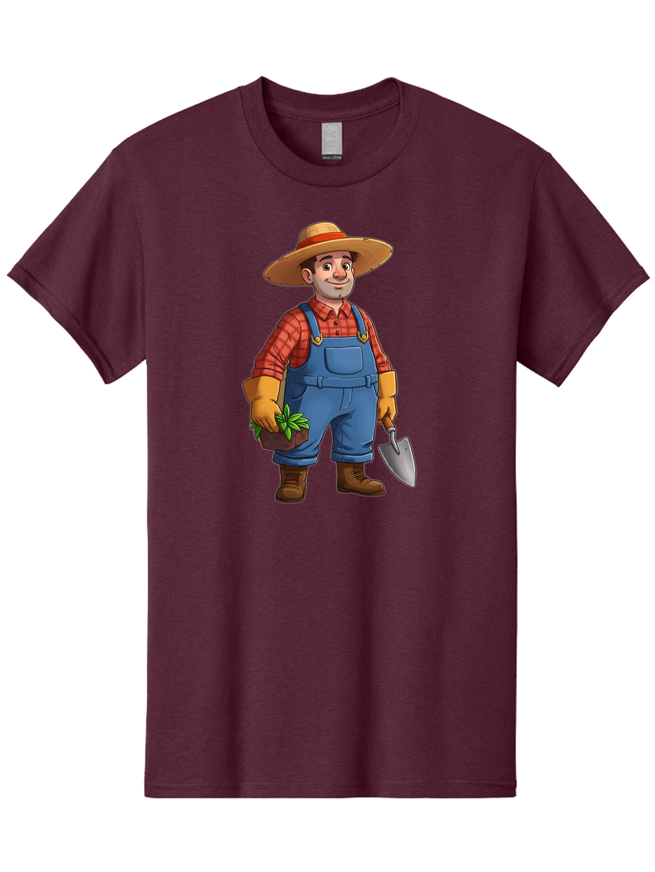 Farmer Men'S Graphic Tee, 100% Cotton, Comfortable Casual Summer Wear, Machine Washable, Gardener Holding Plant And Shovel, Gardening Tools, Outdoor Work, Farming Attire, Plaid Shirt, Overalls, Straw Hat, Agricultural Work, Gardening Gloves Baa666 7