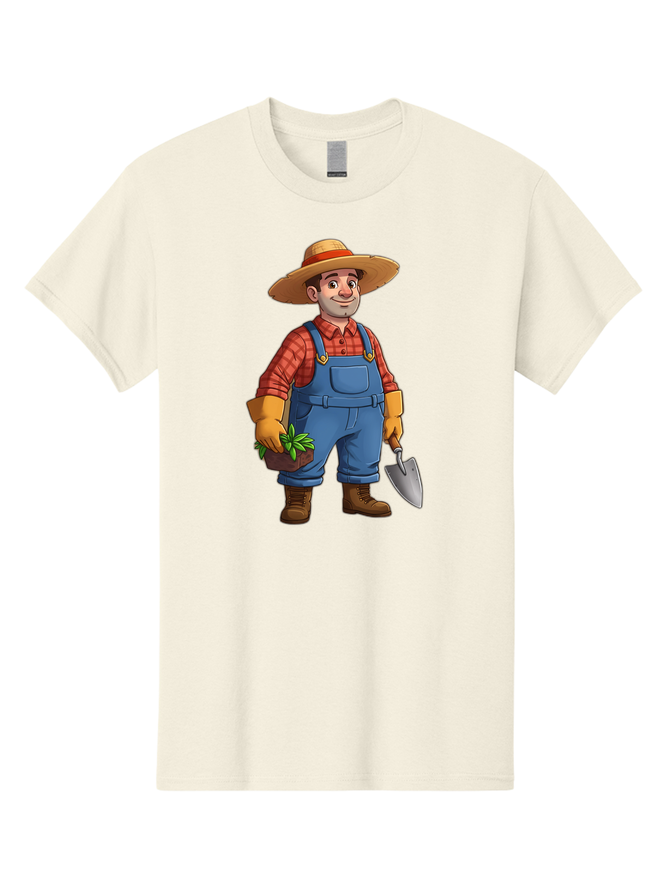 Farmer Men'S Graphic Tee, 100% Cotton, Comfortable Casual Summer Wear, Machine Washable, Gardener Holding Plant And Shovel, Gardening Tools, Outdoor Work, Farming Attire, Plaid Shirt, Overalls, Straw Hat, Agricultural Work, Gardening Gloves Baa666 21