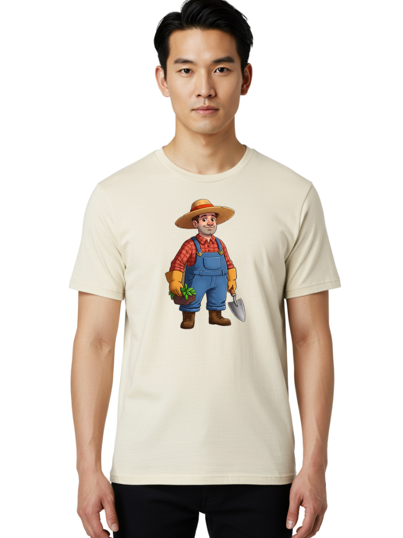 Farmer Men'S Graphic Tee, 100% Cotton, Comfortable Casual Summer Wear, Machine Washable, Gardener Holding Plant And Shovel, Gardening Tools, Outdoor Work, Farming Attire, Plaid Shirt, Overalls, Straw Hat, Agricultural Work, Gardening Gloves Baa666 22