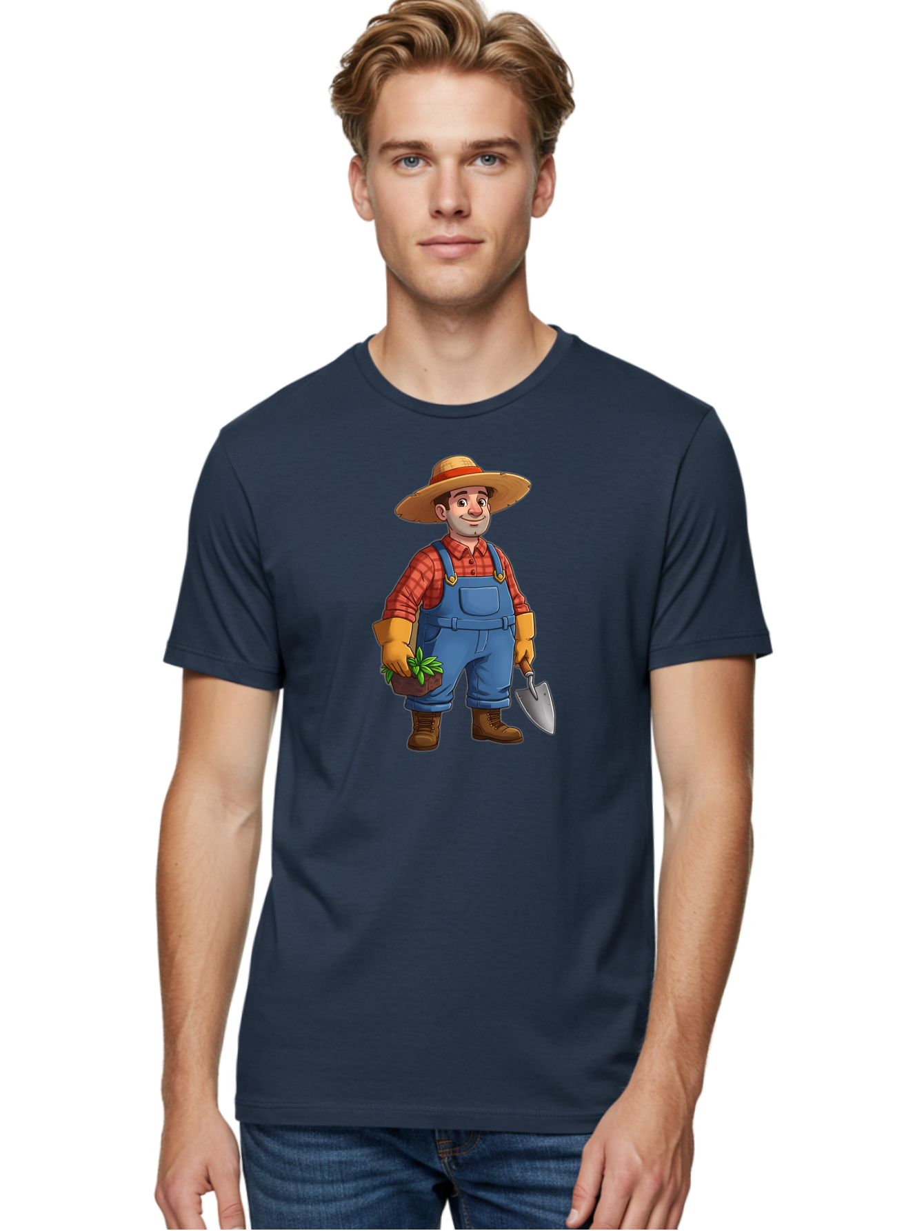 Farmer Men'S Graphic Tee, 100% Cotton, Comfortable Casual Summer Wear, Machine Washable, Gardener Holding Plant And Shovel, Gardening Tools, Outdoor Work, Farming Attire, Plaid Shirt, Overalls, Straw Hat, Agricultural Work, Gardening Gloves Baa666 26