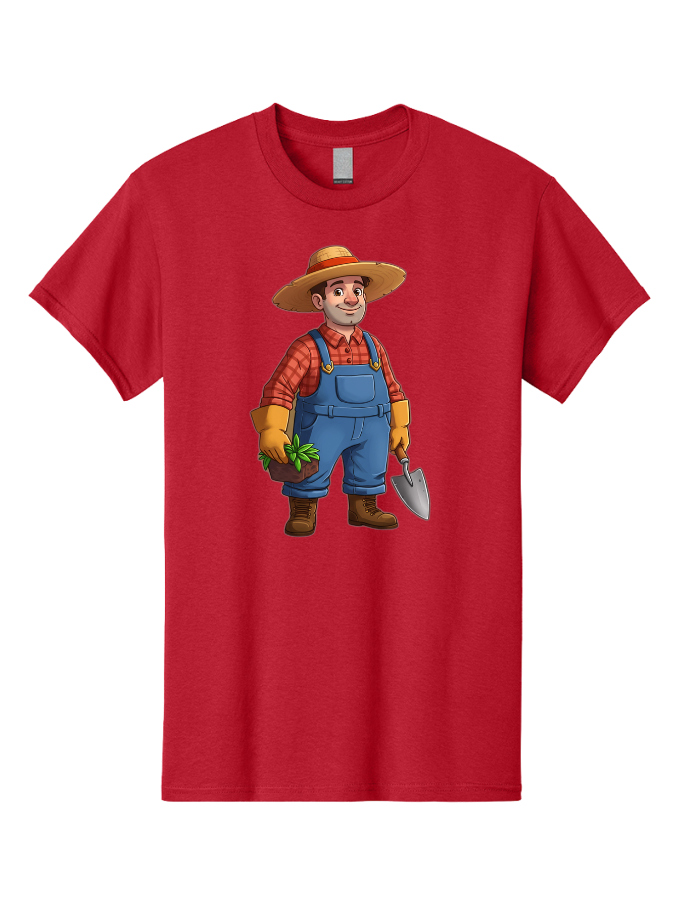 Farmer Men'S Graphic Tee, 100% Cotton, Comfortable Casual Summer Wear, Machine Washable, Gardener Holding Plant And Shovel, Gardening Tools, Outdoor Work, Farming Attire, Plaid Shirt, Overalls, Straw Hat, Agricultural Work, Gardening Gloves Baa666 5