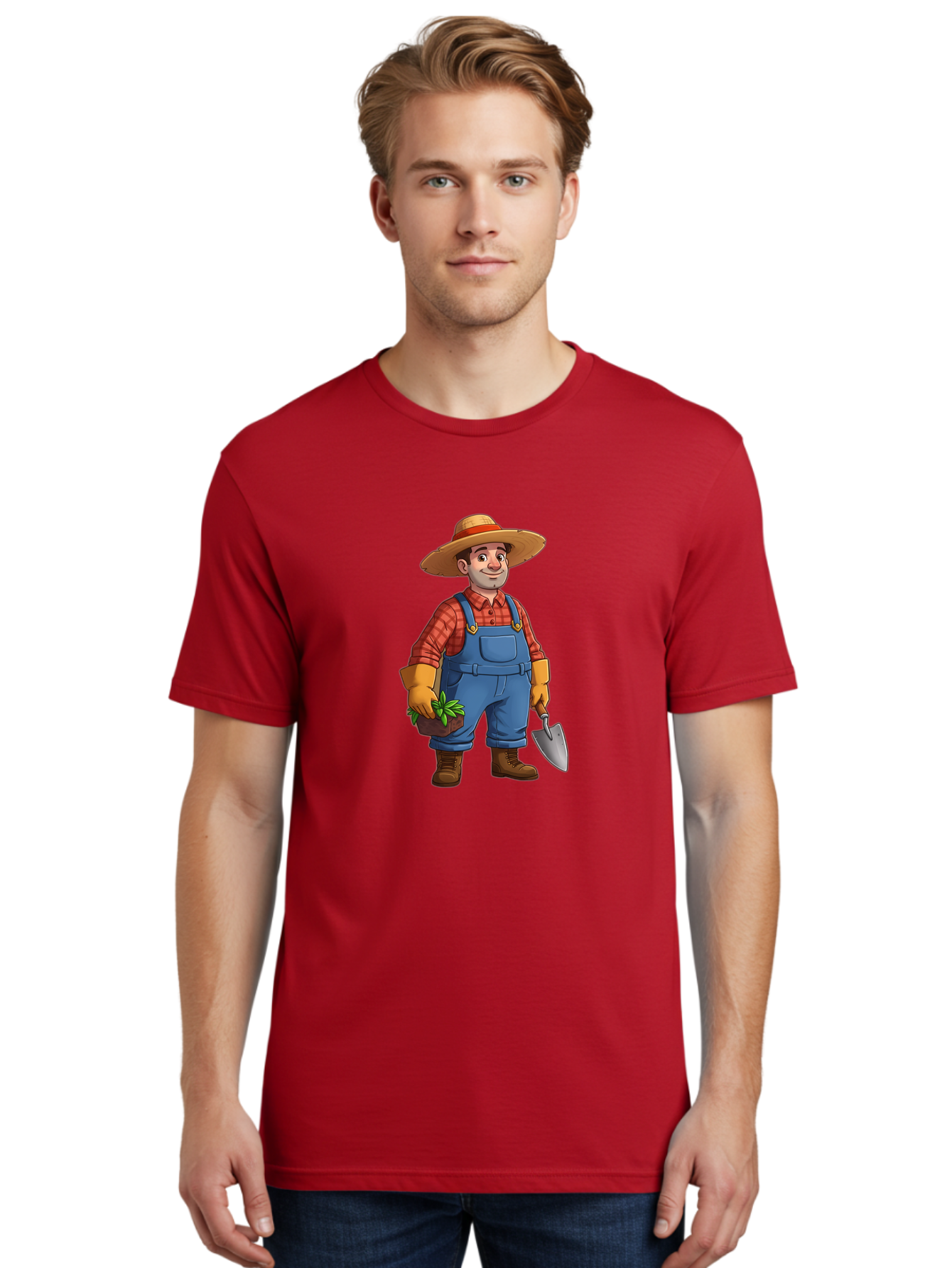 Farmer Men'S Graphic Tee, 100% Cotton, Comfortable Casual Summer Wear, Machine Washable, Gardener Holding Plant And Shovel, Gardening Tools, Outdoor Work, Farming Attire, Plaid Shirt, Overalls, Straw Hat, Agricultural Work, Gardening Gloves Baa666 6