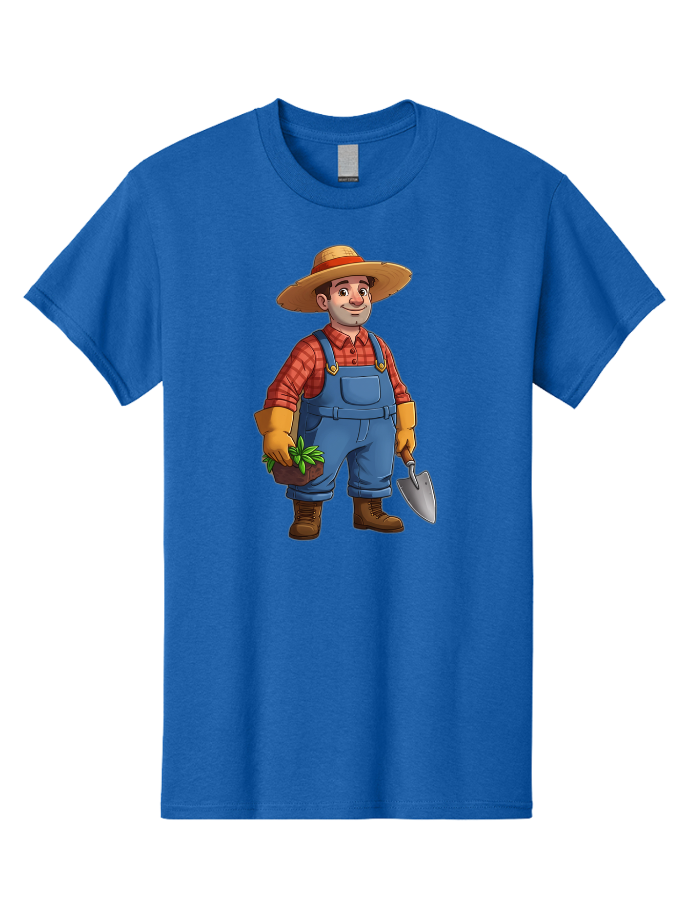 Farmer Men'S Graphic Tee, 100% Cotton, Comfortable Casual Summer Wear, Machine Washable, Gardener Holding Plant And Shovel, Gardening Tools, Outdoor Work, Farming Attire, Plaid Shirt, Overalls, Straw Hat, Agricultural Work, Gardening Gloves Baa666 29
