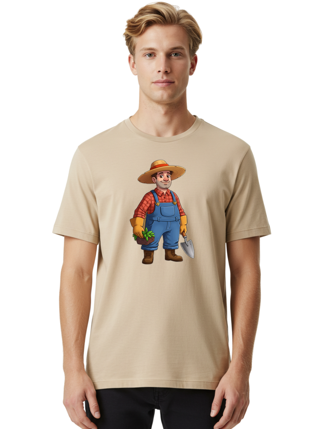 Farmer Men'S Graphic Tee, 100% Cotton, Comfortable Casual Summer Wear, Machine Washable, Gardener Holding Plant And Shovel, Gardening Tools, Outdoor Work, Farming Attire, Plaid Shirt, Overalls, Straw Hat, Agricultural Work, Gardening Gloves Baa666 14