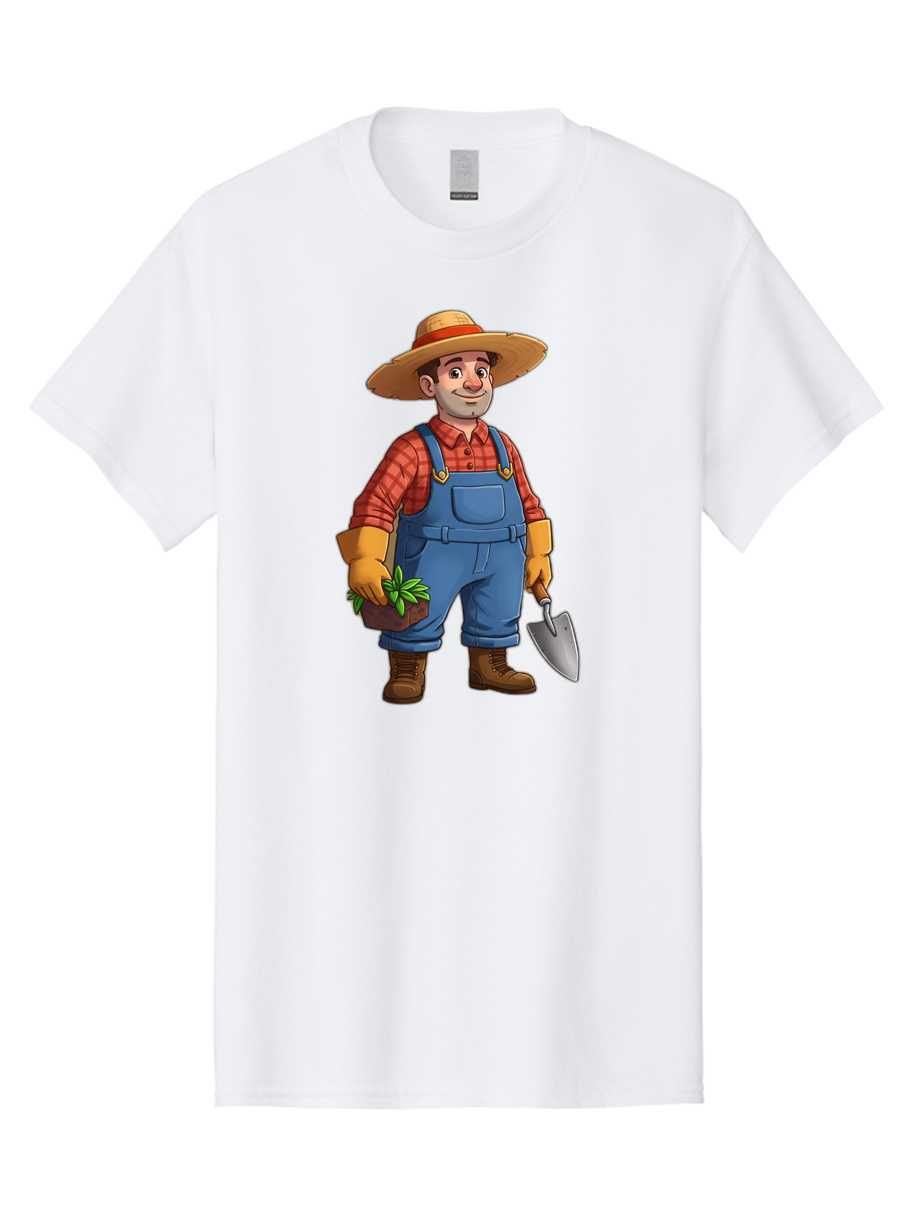 Farmer Men'S Graphic Tee, 100% Cotton, Comfortable Casual Summer Wear, Machine Washable, Gardener Holding Plant And Shovel, Gardening Tools, Outdoor Work, Farming Attire, Plaid Shirt, Overalls, Straw Hat, Agricultural Work, Gardening Gloves Baa666 9