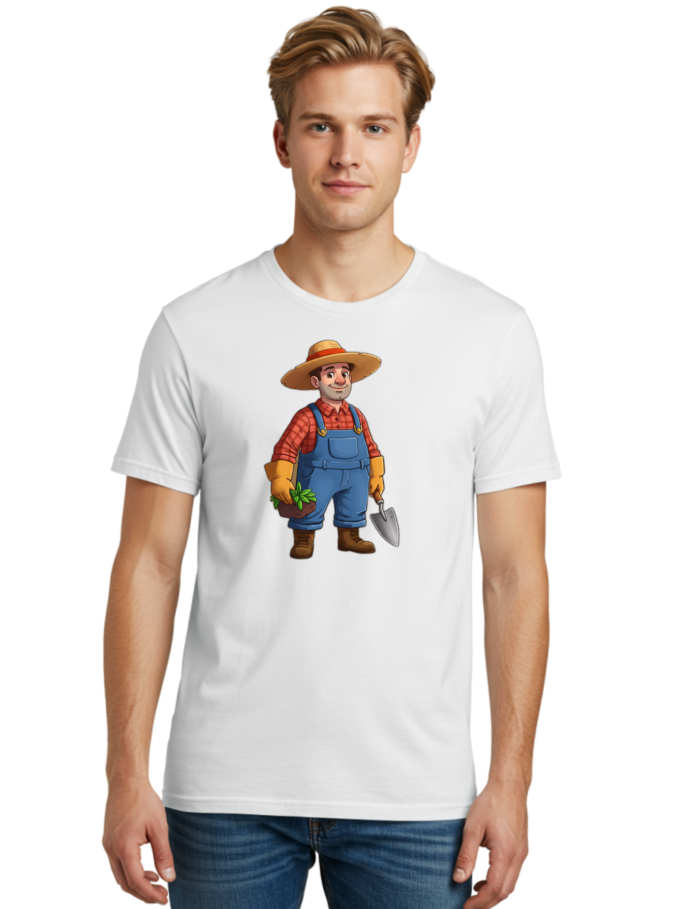 Farmer Men'S Graphic Tee, 100% Cotton, Comfortable Casual Summer Wear, Machine Washable, Gardener Holding Plant And Shovel, Gardening Tools, Outdoor Work, Farming Attire, Plaid Shirt, Overalls, Straw Hat, Agricultural Work, Gardening Gloves Baa666 10