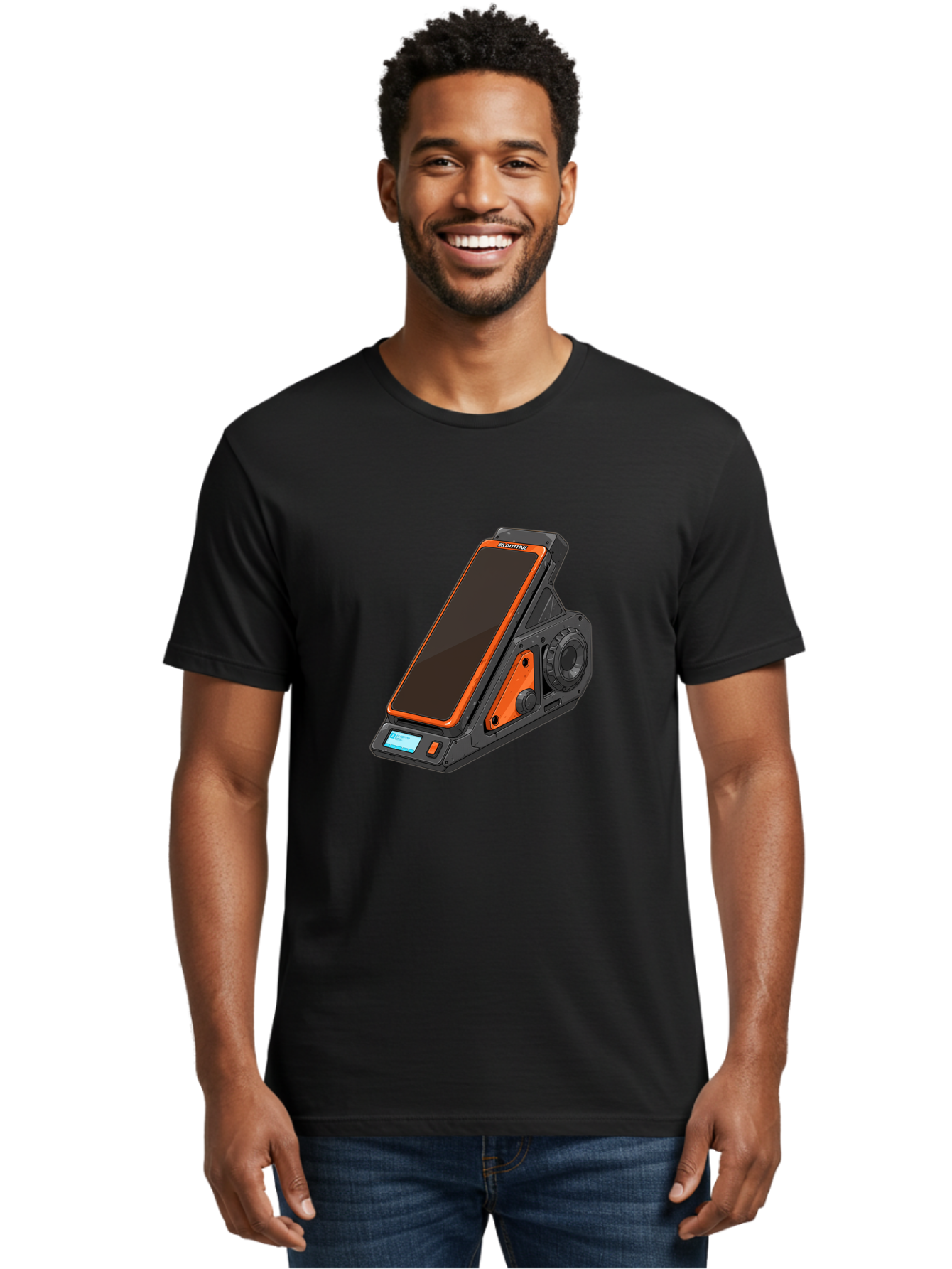 Gaming-Phone-Holder Men'S Graphic Tee, 100% Cotton, Comfortable Casual Summer Wear, Machine Washable, Smartphone With Gaming Features, Orange Accents, Black Design, Futuristic Technology, Gaming Phone, High-Performance Device, Baa708 30