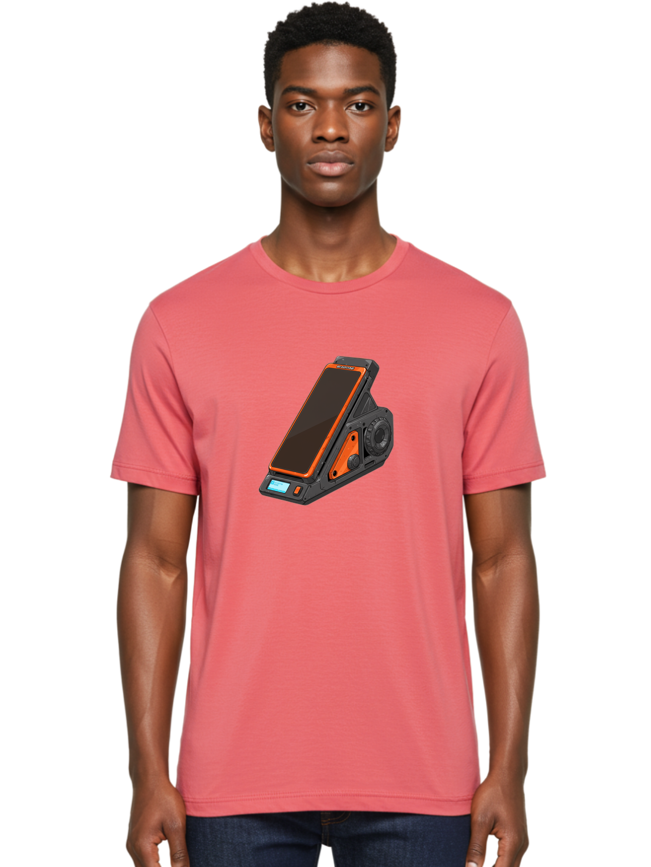 Gaming-Phone-Holder Men'S Graphic Tee, 100% Cotton, Comfortable Casual Summer Wear, Machine Washable, Smartphone With Gaming Features, Orange Accents, Black Design, Futuristic Technology, Gaming Phone, High-Performance Device, Baa708 24