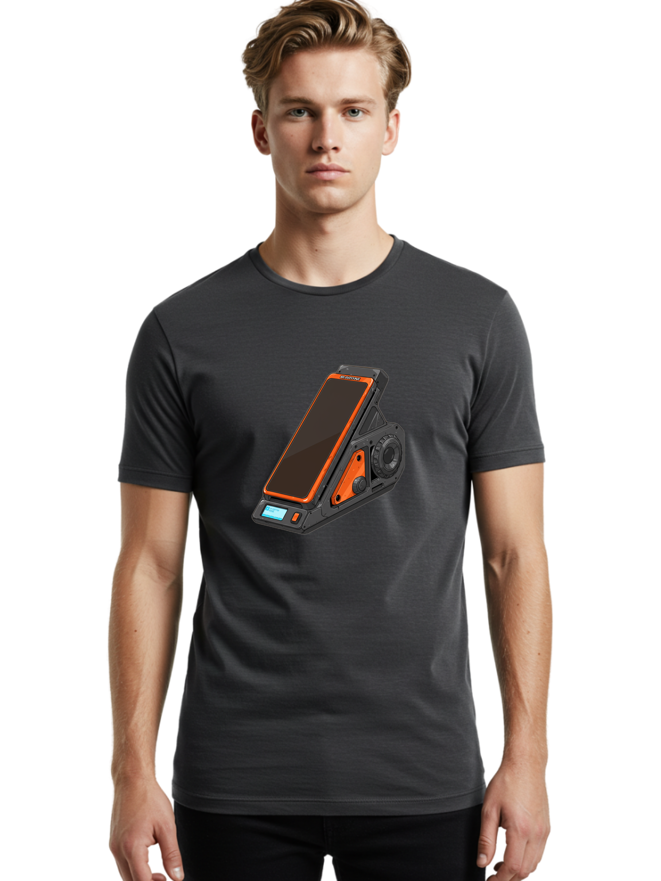Gaming-Phone-Holder Men'S Graphic Tee, 100% Cotton, Comfortable Casual Summer Wear, Machine Washable, Smartphone With Gaming Features, Orange Accents, Black Design, Futuristic Technology, Gaming Phone, High-Performance Device, Baa708 20