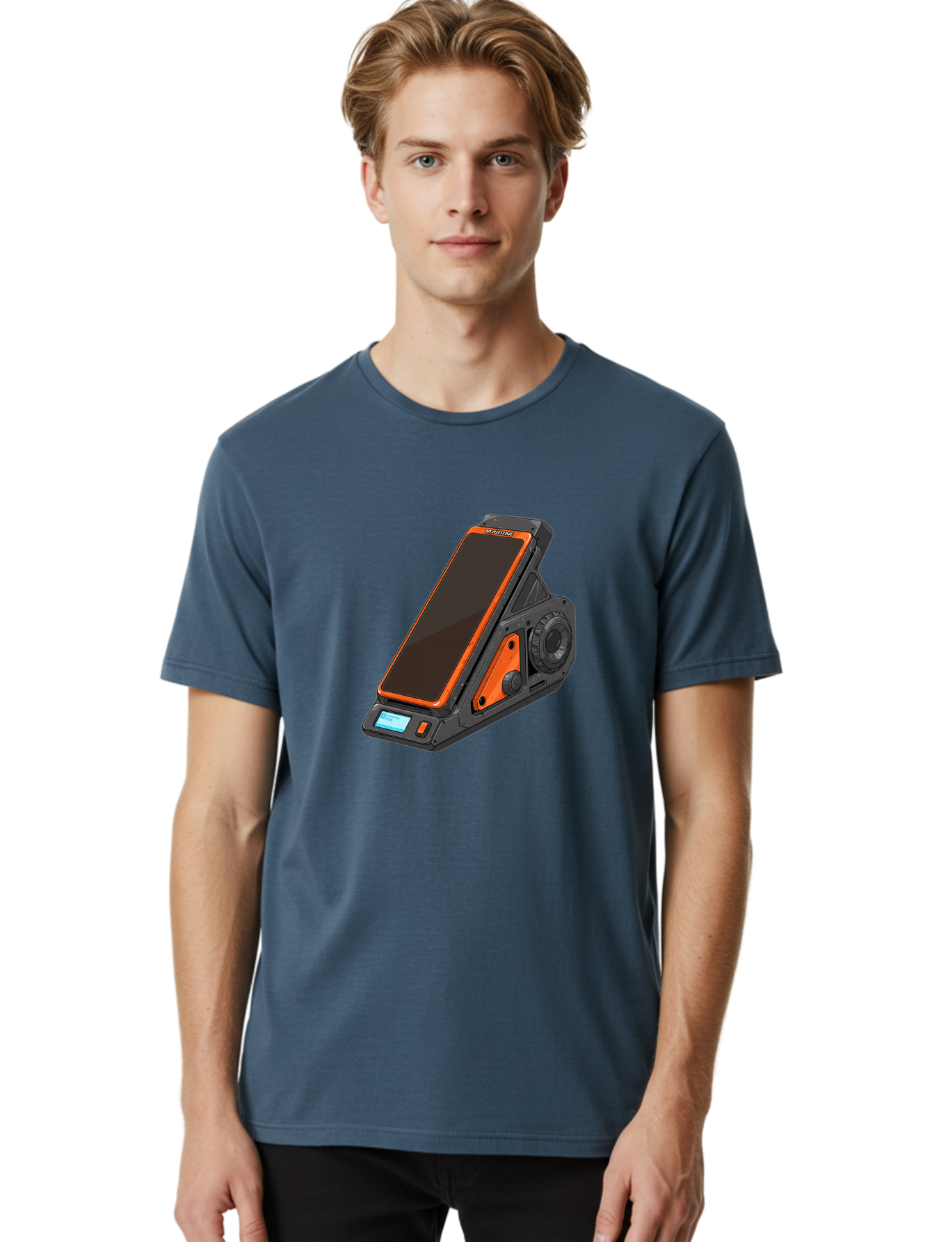 Gaming-Phone-Holder Men'S Graphic Tee, 100% Cotton, Comfortable Casual Summer Wear, Machine Washable, Smartphone With Gaming Features, Orange Accents, Black Design, Futuristic Technology, Gaming Phone, High-Performance Device, Baa708 10