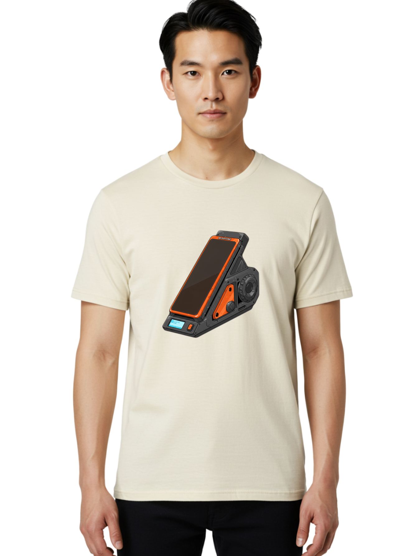 Gaming-Phone-Holder Men'S Graphic Tee, 100% Cotton, Comfortable Casual Summer Wear, Machine Washable, Smartphone With Gaming Features, Orange Accents, Black Design, Futuristic Technology, Gaming Phone, High-Performance Device, Baa708 12