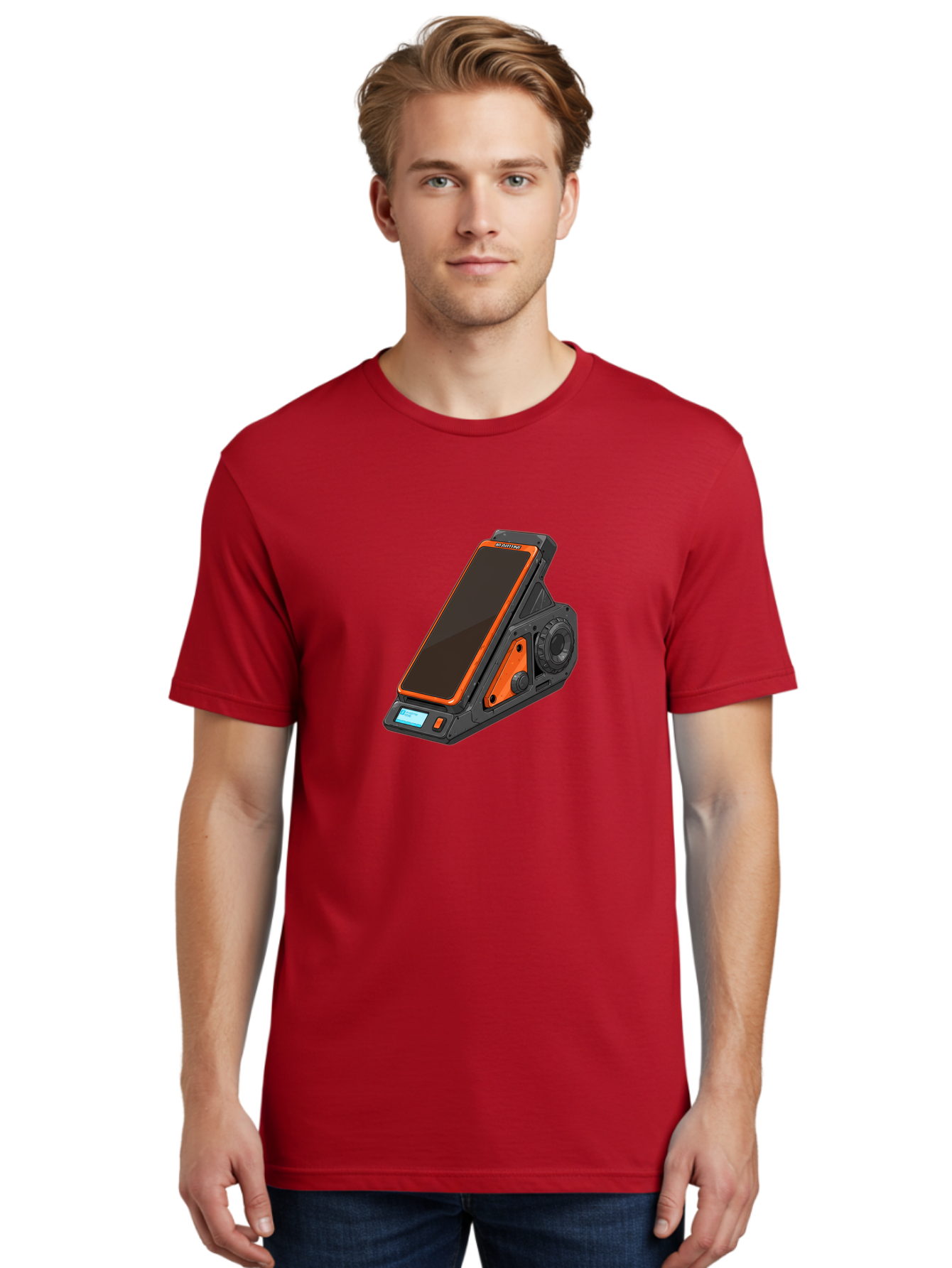Gaming-Phone-Holder Men'S Graphic Tee, 100% Cotton, Comfortable Casual Summer Wear, Machine Washable, Smartphone With Gaming Features, Orange Accents, Black Design, Futuristic Technology, Gaming Phone, High-Performance Device, Baa708 22