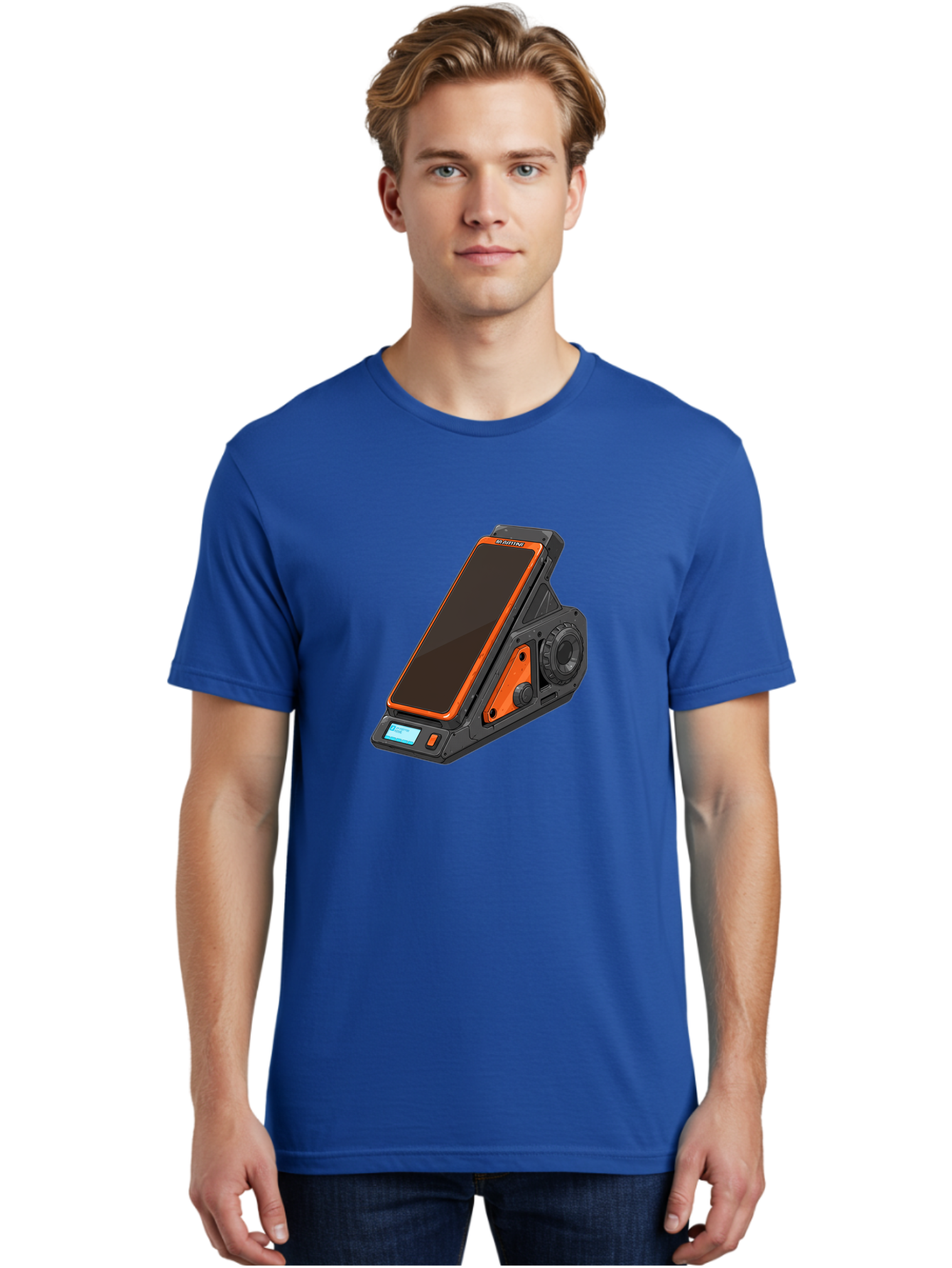 Gaming-Phone-Holder Men'S Graphic Tee, 100% Cotton, Comfortable Casual Summer Wear, Machine Washable, Smartphone With Gaming Features, Orange Accents, Black Design, Futuristic Technology, Gaming Phone, High-Performance Device, Baa708 6